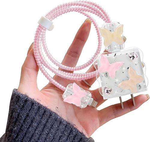 Lindo protector de cable de onda compatible con adaptador de cargador de iPhone con diseño láser de mariposa rosa brillante, cubierta de línea de