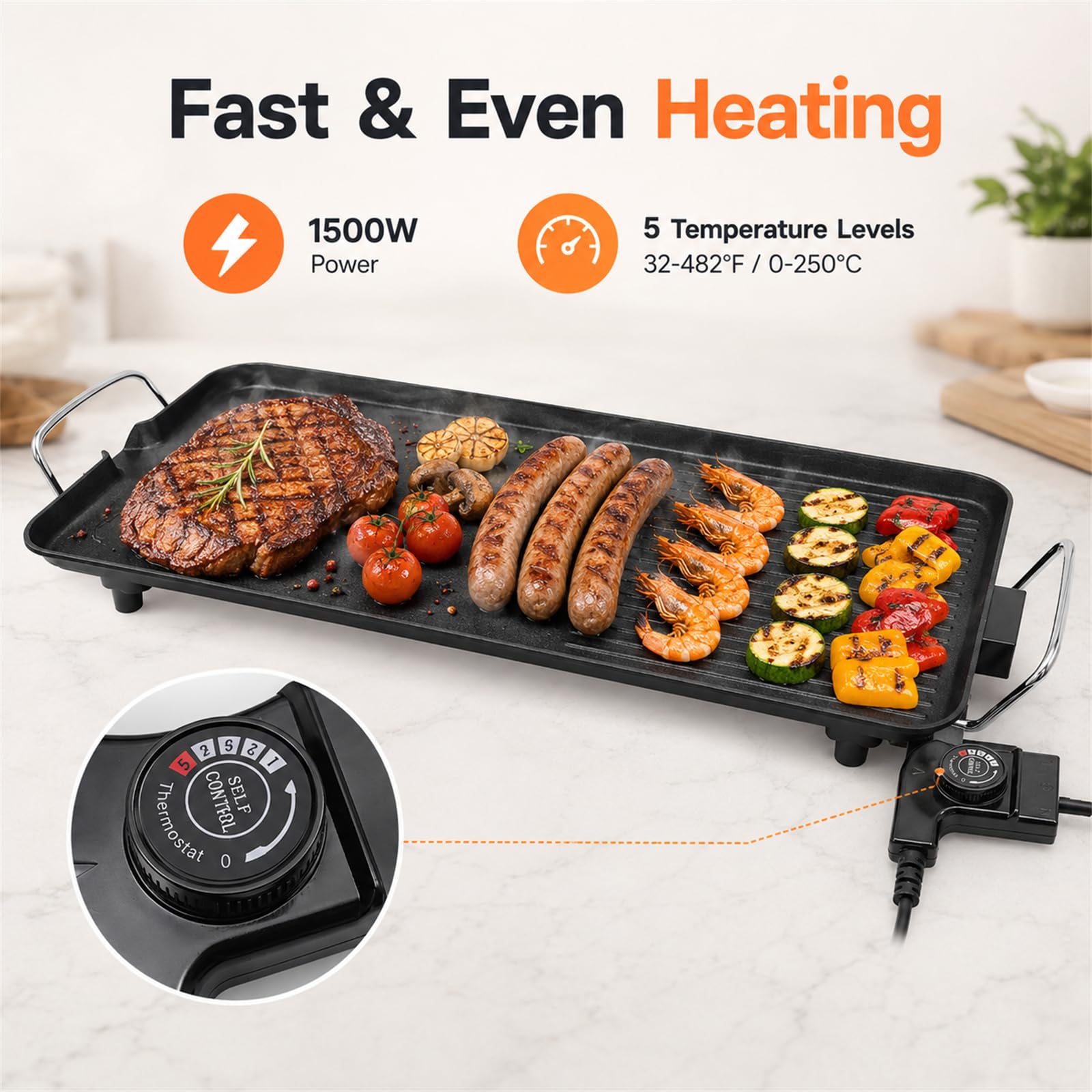 Teppanyaki - Griglia elettrica da tavolo con rivestimento antiaderente, superficie extra grande con beccuccio di raccolta dell'olio, per 1-6 persone, per esterni, campeggio, cortile, 68 x 28 cm