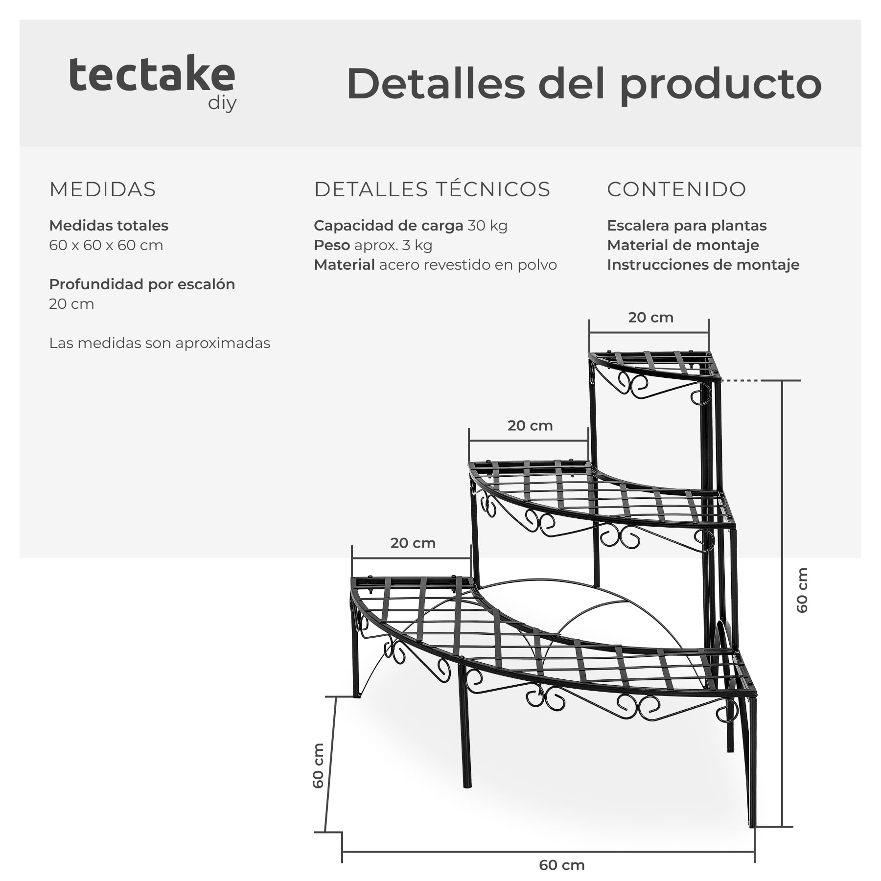 tectake® Estantes para Plantas Decorativos Escalera Interior y Exterior, Soporte para Macetas, Estanteria Exterior Estable, Perfecto para Decorar el Jardin con tus Plantas. - 60 x 60 x 60 cm