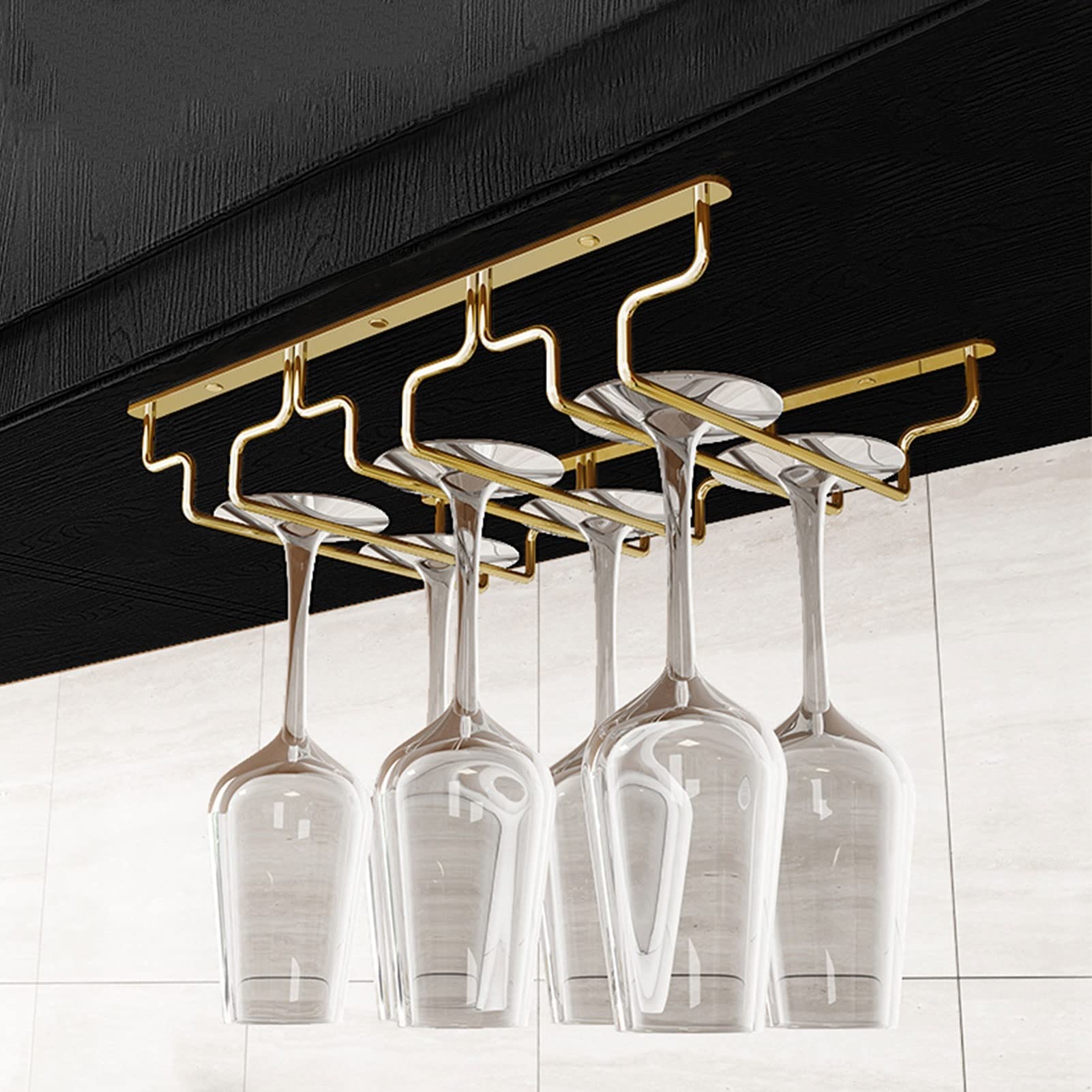 POLGDW Under Cabinet Wine Glass Rack Holder for Kitchen Bar Restaurant Metal Stemware nizer Storage Hanger Gold 34.5x18x5.5cm
