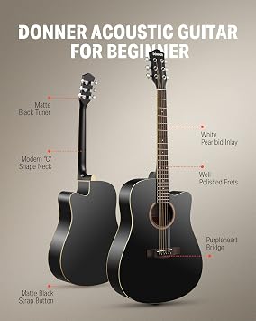 Donner Black Acoustic Guitar للمبتدئين ، الكبار ، المراهقين ، أطقم المبتدئين - مجموعة كاملة الحجم من سلسلة 41 بوصة من الفولاذ Acustica Guitarra مع درس مجاني على الإنترنت ، حقيبة الحفلة ، حزام ، موالف ، كوتاواي, DAG-1CB