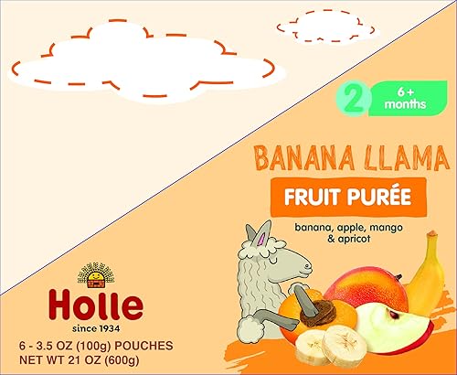 Miniatura 5 de Holle Bolsas orgánicas de comida para bebés, puré de plátano y llama para bebés con plátano, manzana, mango y albaricoque, (paquete de 6) bocadillos