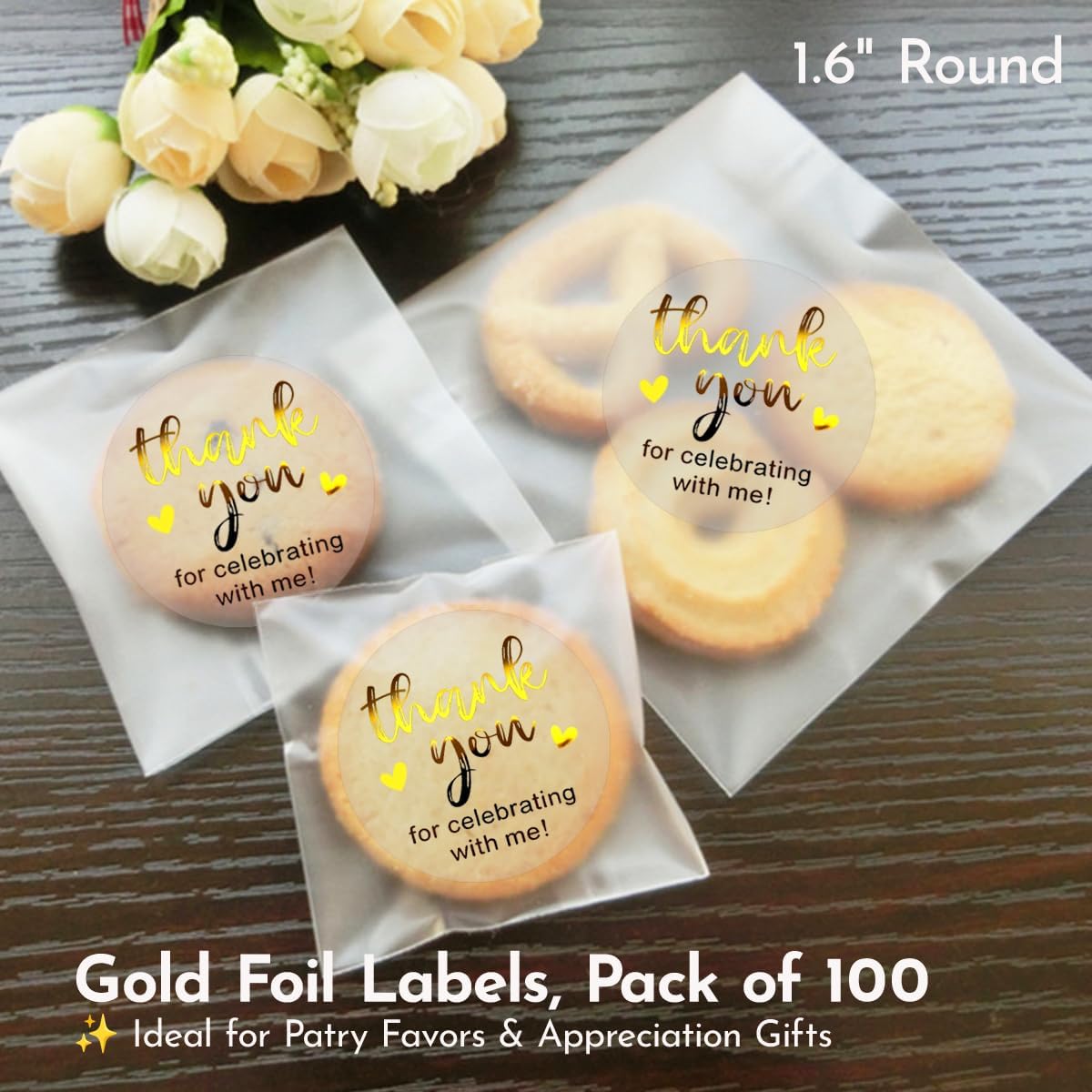 100 x YYDESN Thank You for Celebrating with Me Stickers – Gold Foil Clear Wedding Favor Labels – Elegant Invitation Seals and Thank You Tags – 1.6 Inch (Gold, With Me) - Image 6