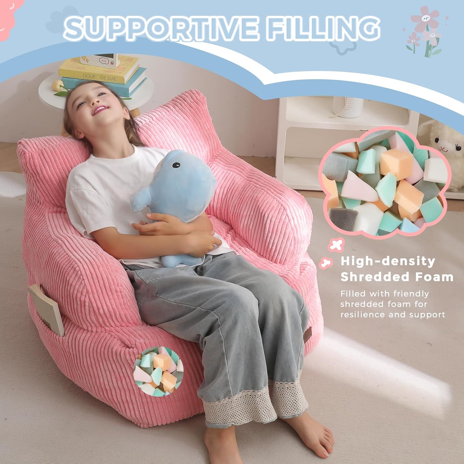 MAXYOYO Kids Bean Bag Chair, Stuffed Toddler Bean Bag Sofa with Filler Bean Bag Chair for Boys and Girls, Lazy Sofa with Pocket Floor Chair for Gaming, Reading, Pink