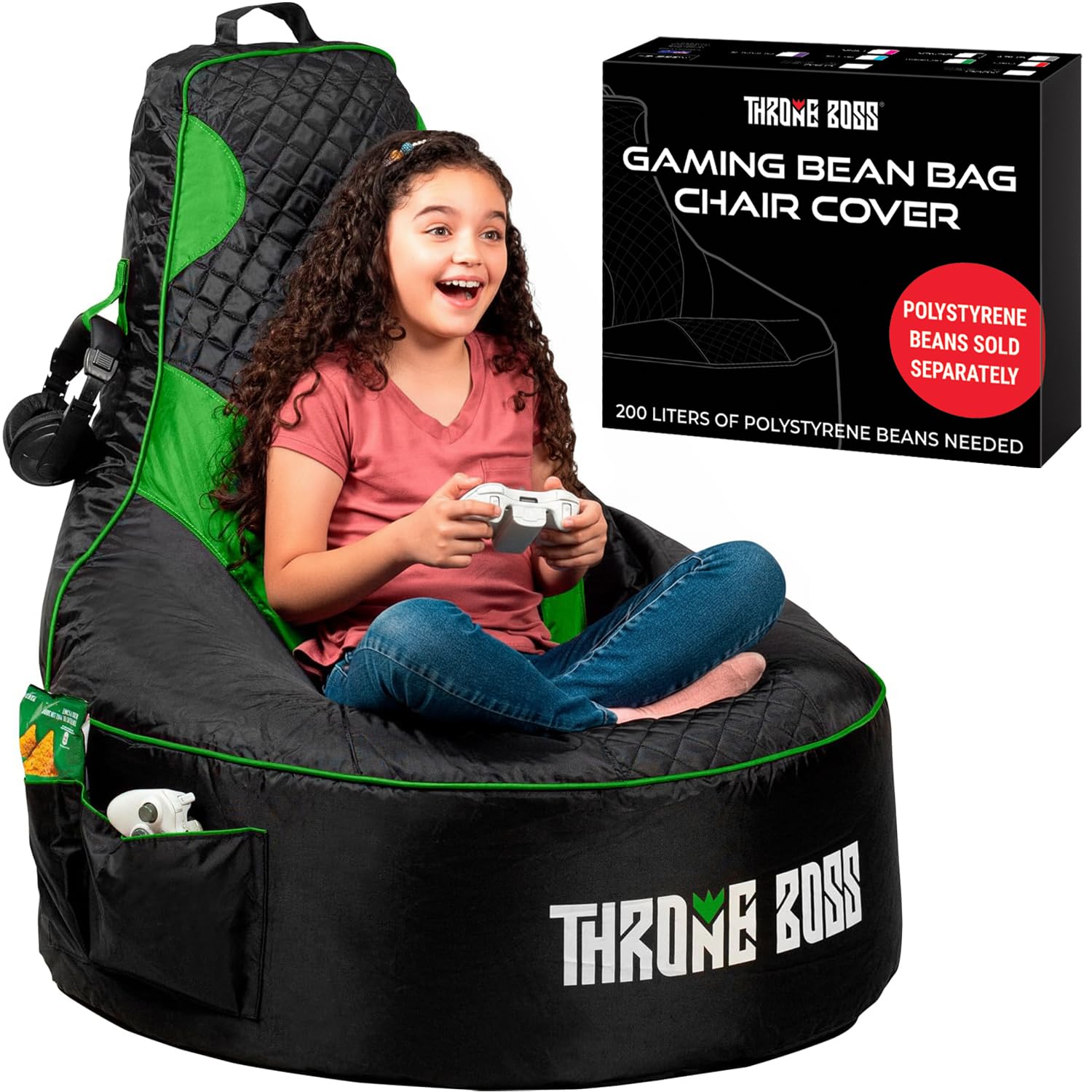 Throne Boss Gaming Bean Bag Chair Cover for Kids with High Back, Green – Floor Gaming Chair Cover, Easy to Clean Fabric, Large Side Pockets, Headphone