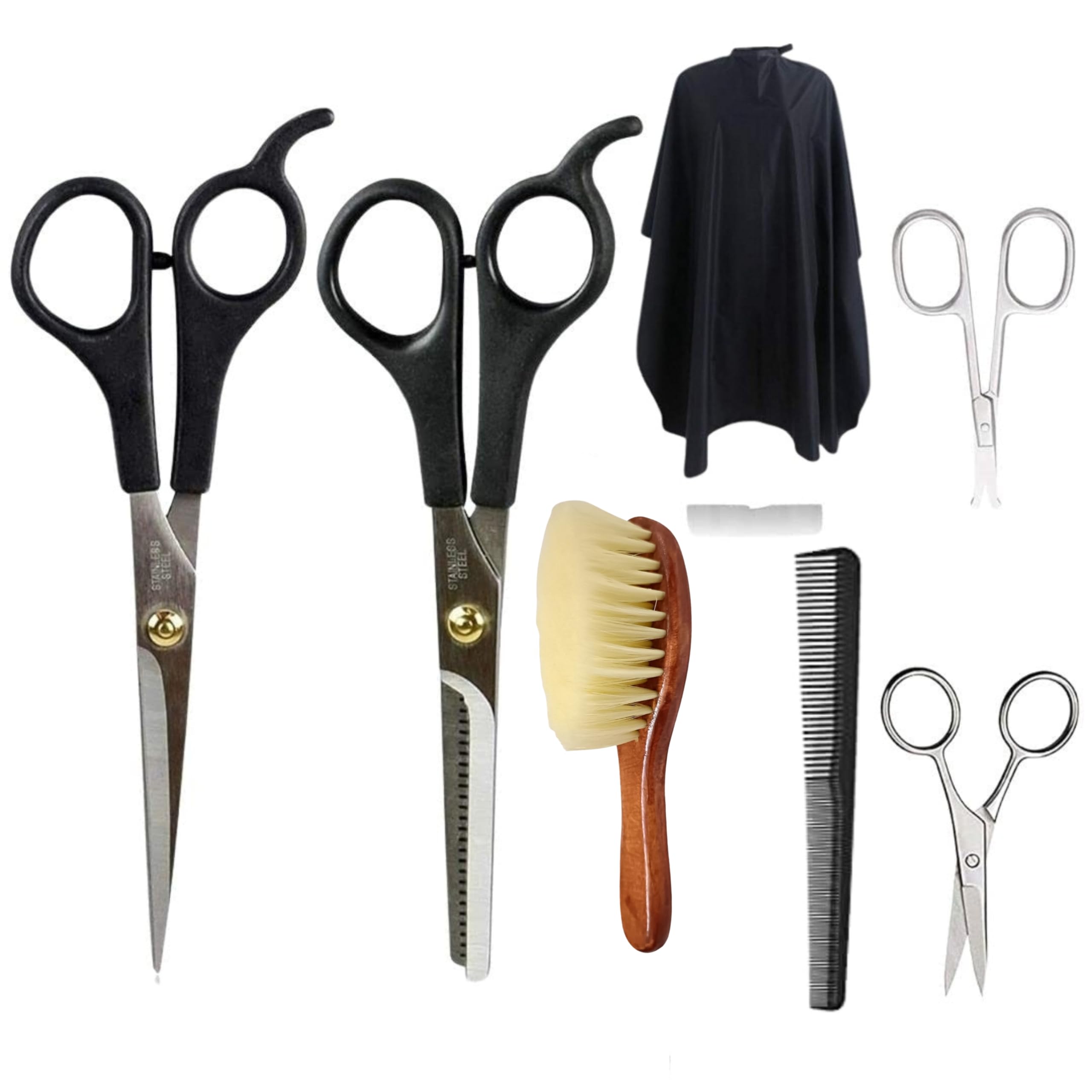 7In1 Professional Parlour Cutting Set (hair cutting scissors,Double Thinning Scissor, Hair Cutting Sheet Apron, neck duster, Comb, Eyebrow Scissors, Scissor For Nose Hair-image-3