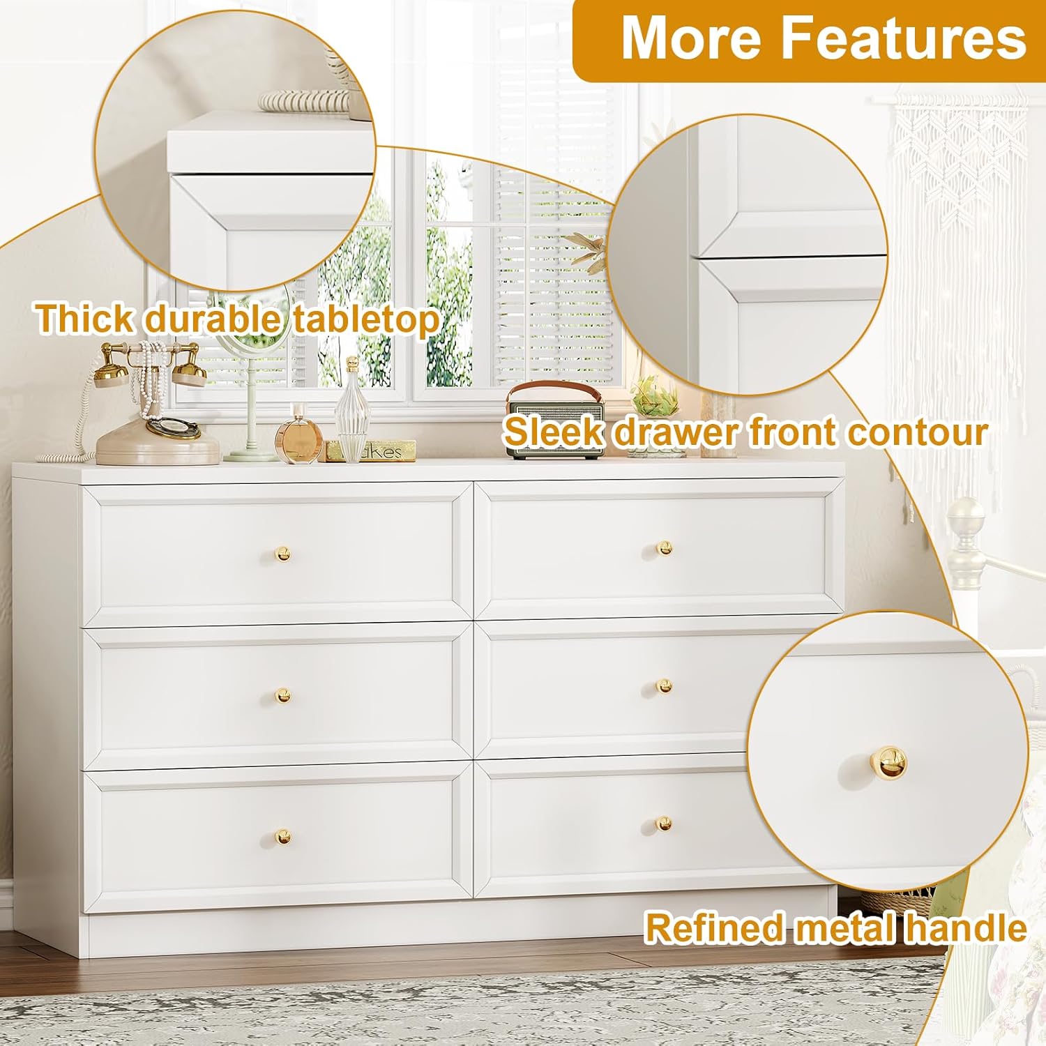 White 6 Drawer Dresser for Bedroom, 47" Modern Chest of Drawers TV Stand with Storage Organizer for Living Room, Hallway, Entryway (47" W x 15''D x 27'' H)