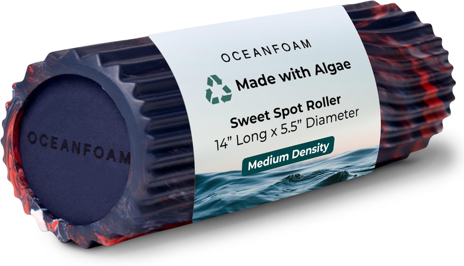 Oceanfoam Sweet Spot Medium Exercise Foam Roller 14"x5.5" – Medium Density Travel Foam Roller for Physical Therapy, Deep Tissue Massage, Yoga, Pilates, Wave Texture (Dark Navy, Red & Natural Marbled)