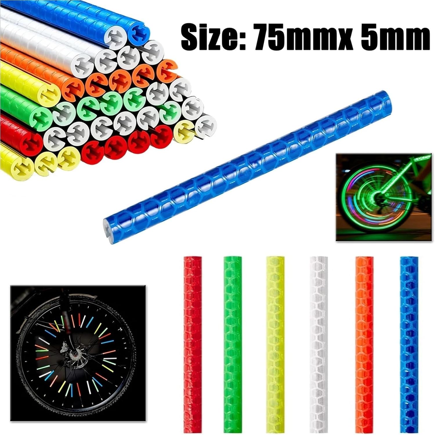 72Pcs 7.5cm Reflective Spoke Strip, DIY Warning Reflector Kit for Bicycle Wheel Cycling Decoration