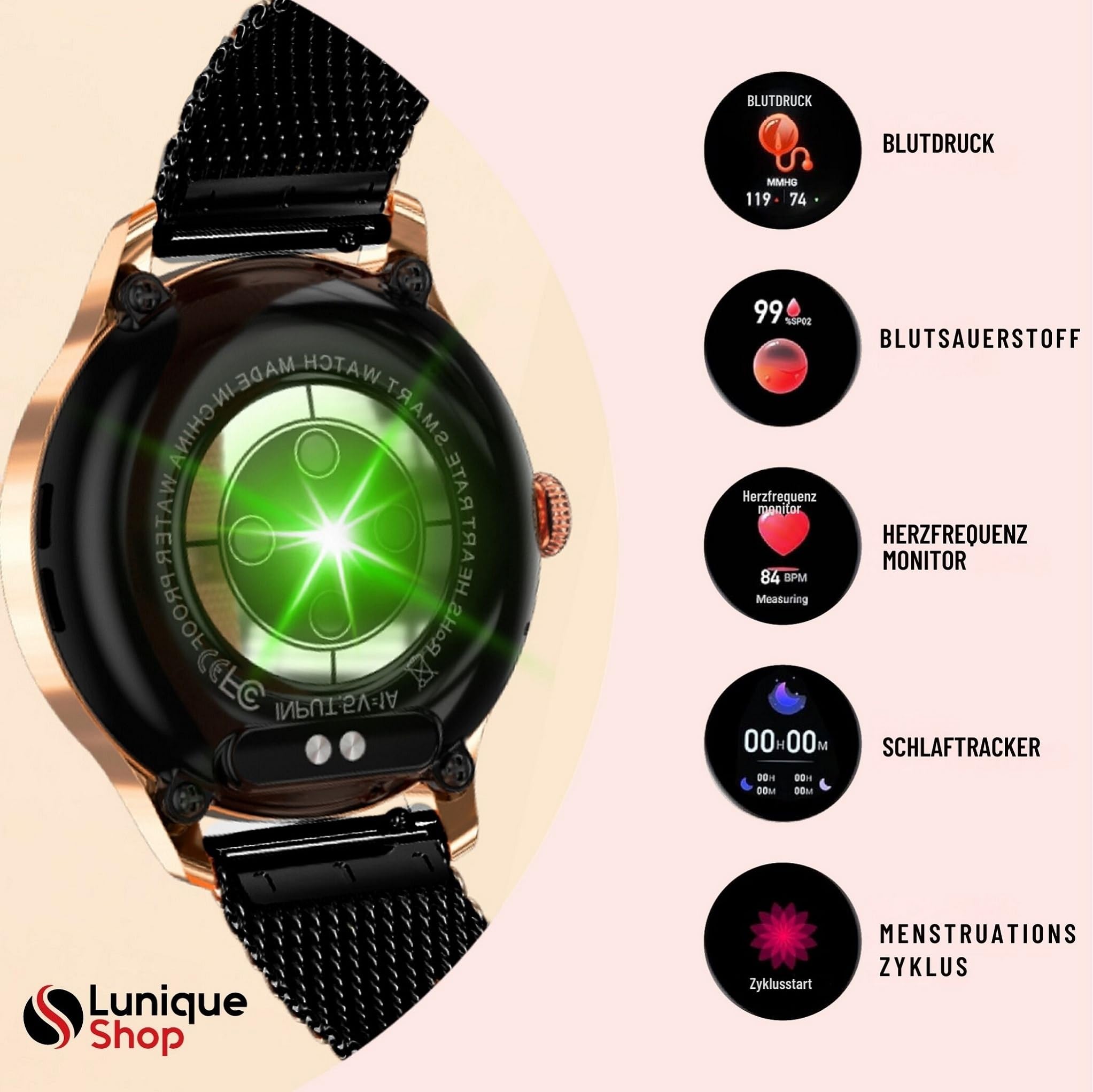 LUNIQUESHOP Round Smartwatch V2 für Frauen Telefonfunktion, Sprachassistent|Kleiner runder 1,19" 120 Sports Herzfrequenzmonitor Blutdruckmonitor Schlafmonitor Damenuhr Android iOS Schwartz Gold