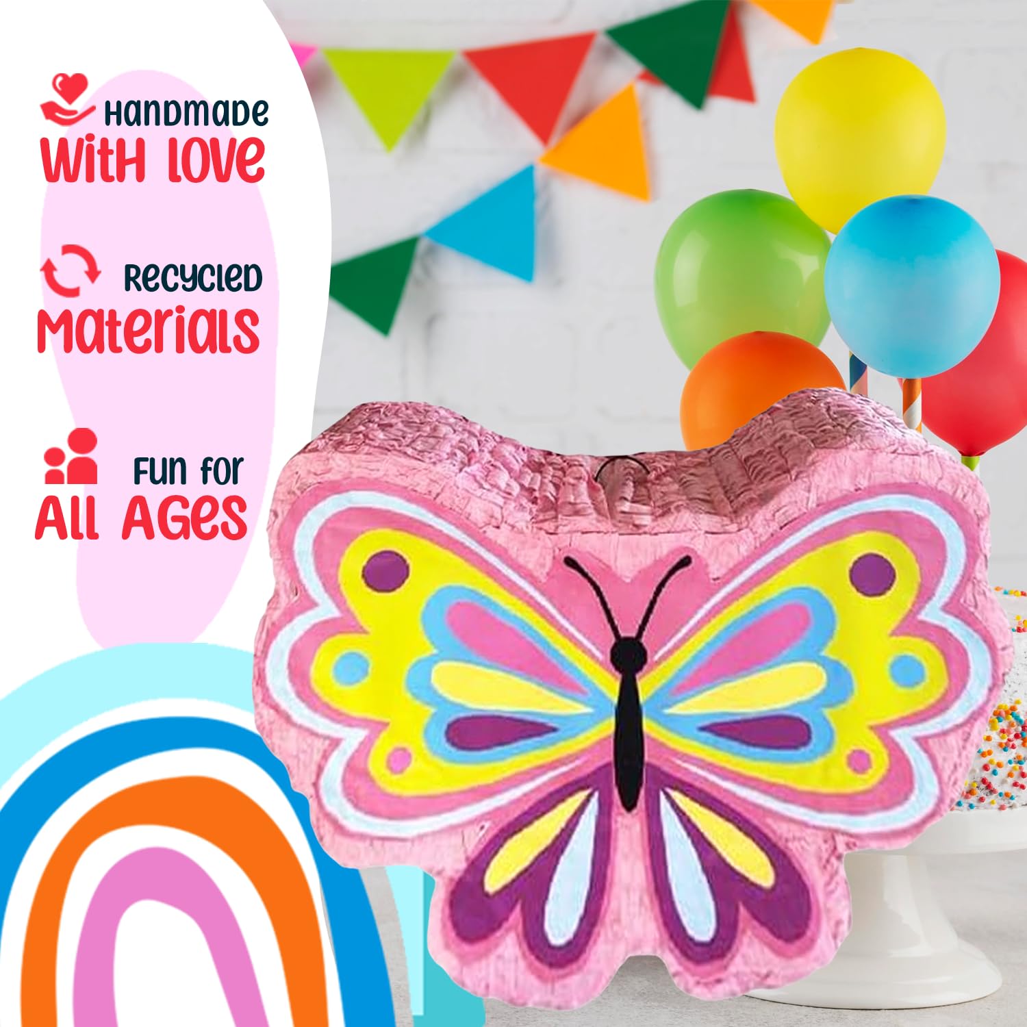 Butterfly Pinatas Perfect for Girls Butterfly Themed Birthday Party, Pink Butterfly Pinatas, Butterfly Decor & Fun Party Supplies Includes Busterstick, Blindfold, Confetti and 2 Ballons