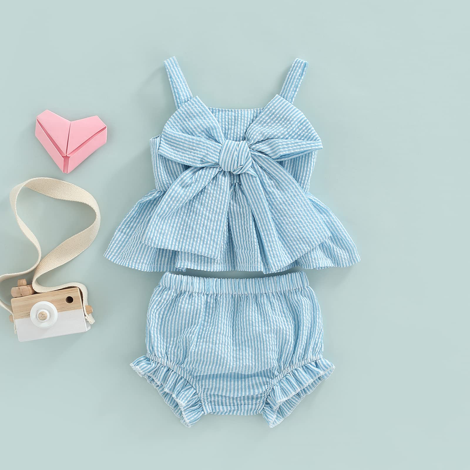 2Pcs Newborn Infant Baby Girl Summer Clothes Striped Ruffle Sleeveless Bowknot Top Bloomer Shorts Set Cotton Linen Outfit (Blue, 3-6 Months)