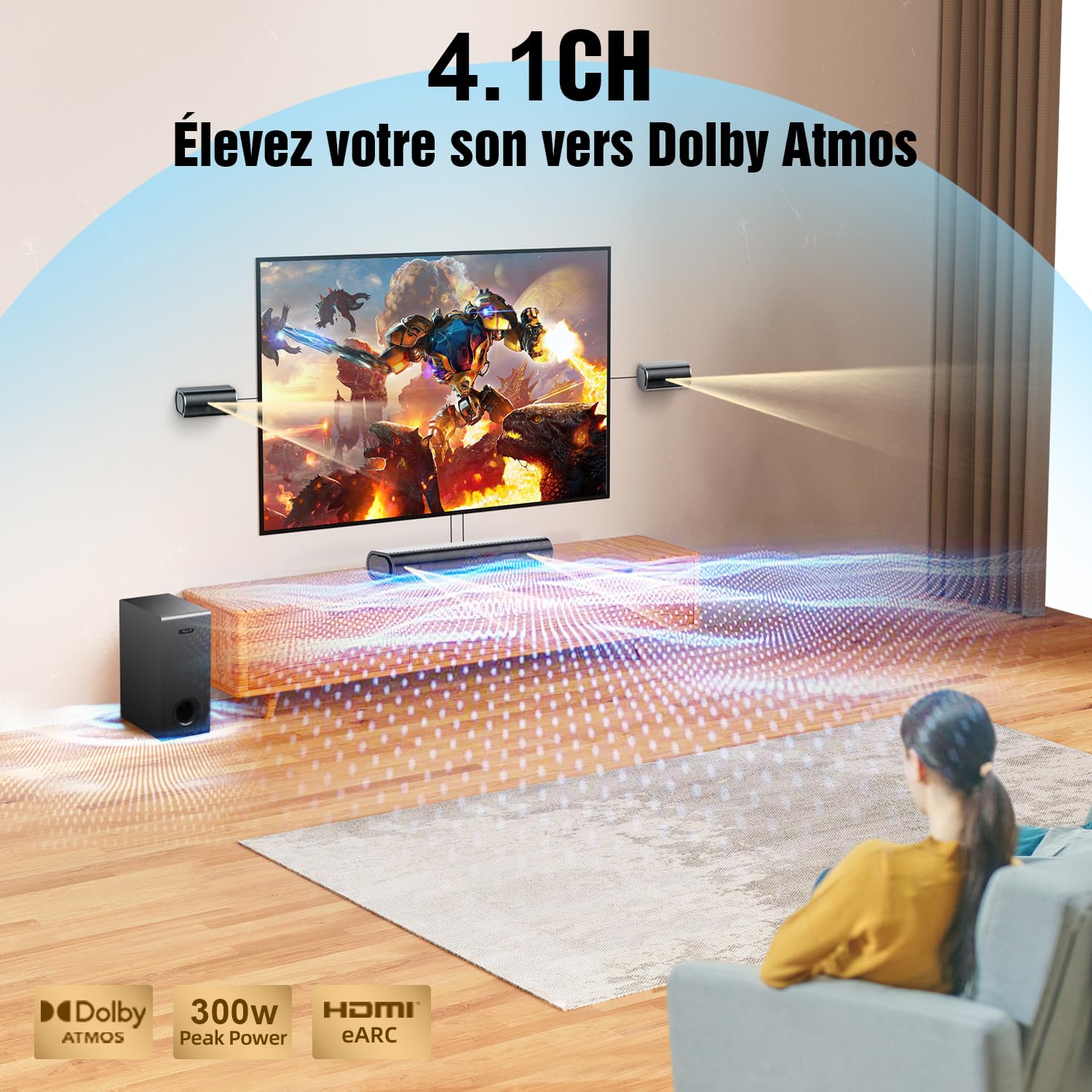 Hiwill 4.1 Dolby Atmos Barre de Son, 300W pour Smart TV avec Caisson de Basses, 2 Enceintes Surround Avant, Barre de Son pour Haut-Parleur TV, Basses réglables, HiElite A41
