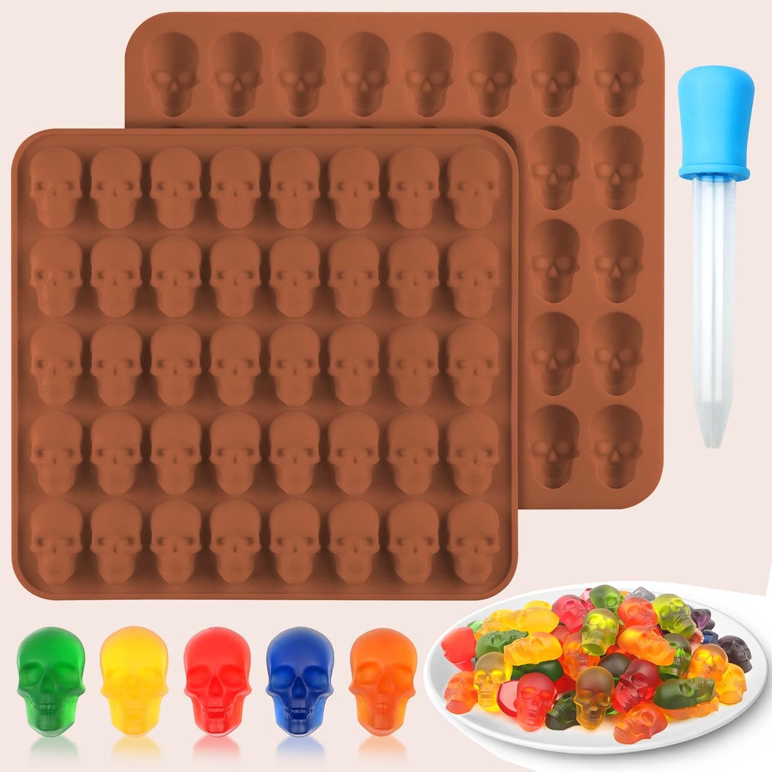 2 Pack Gummy Skull Candy Molds Silicone with 1 Droppers