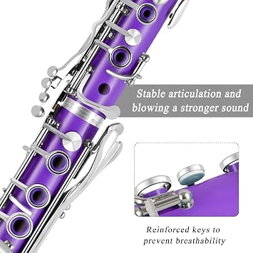 Bb Clarinet For Beginners Students B Flat Clarinet 17 Keys Clarinet with Case Stand Strap 2 Barrels 8 Mouthpiece Cushion White Gloves(Purple) | with Case,Stand,Strap,2 Barrels,8 Mouthpiece Cushion and White Gloves
