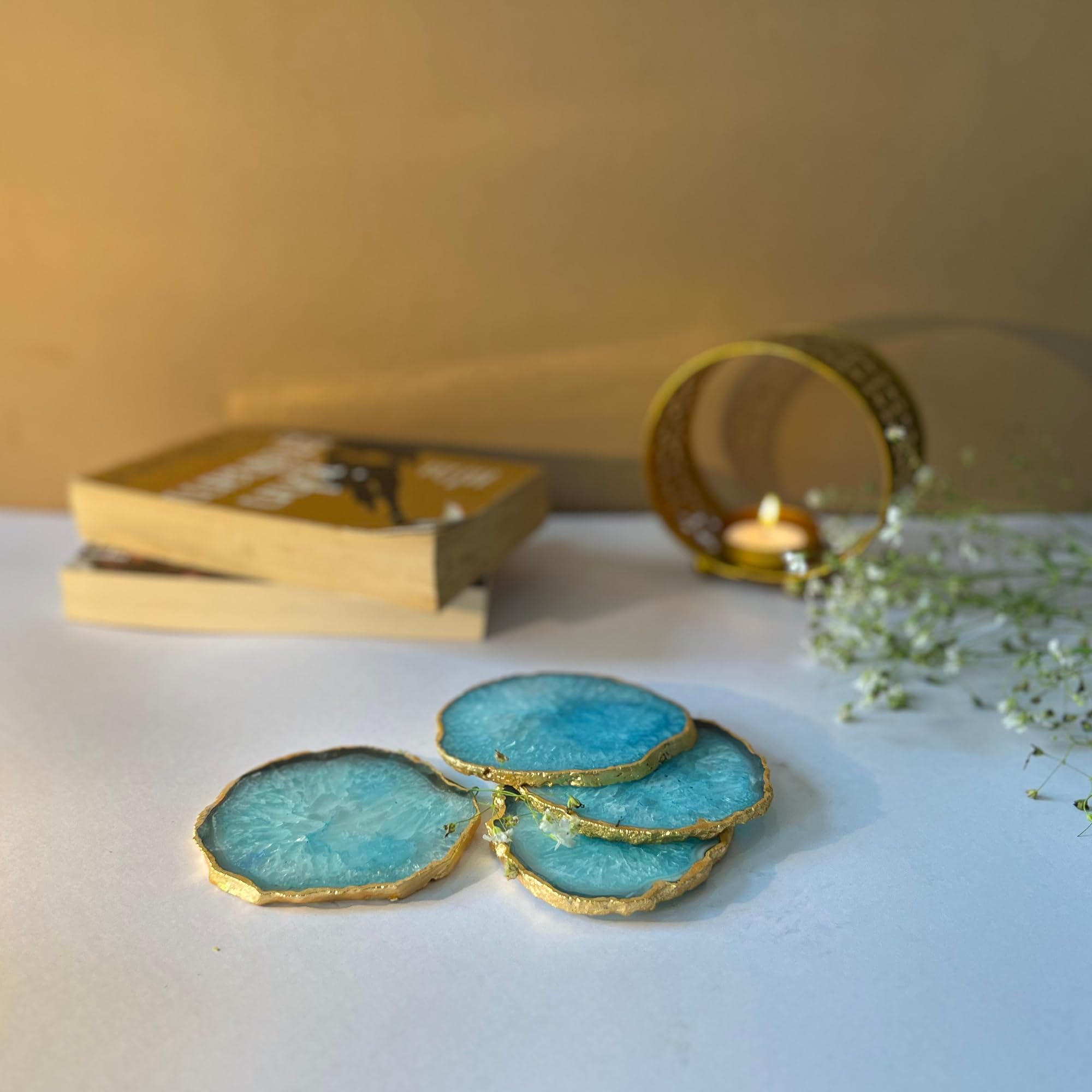 Crystal Turquoise Agate Stone Gold Plated Coaster Set of 4, Handmade Table Coasters for Bar, Beer, Coffee, Tea and Hot Pots, Elegant Dining Table Décor and Luxury Drinkware Accessories-image-38