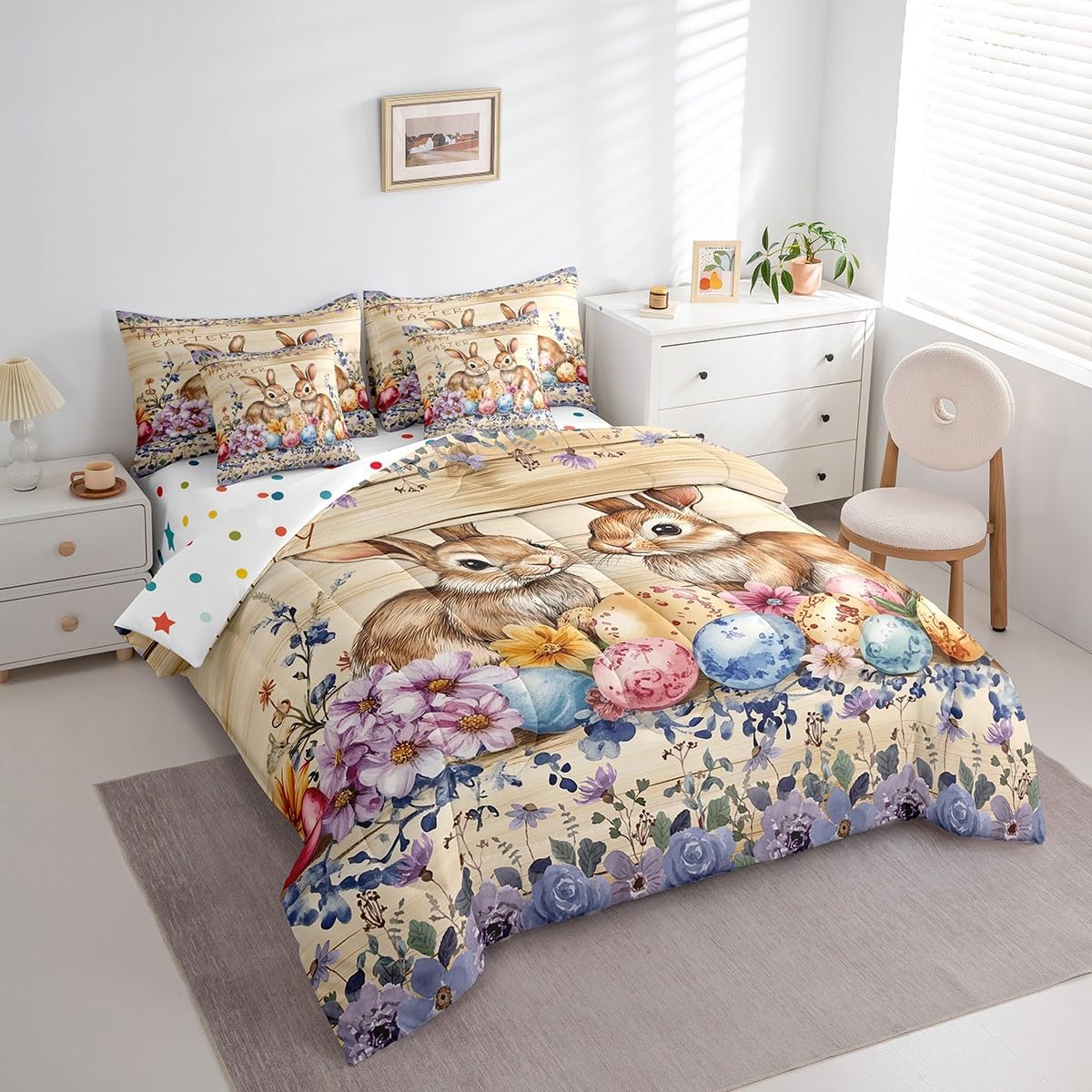 Cartoon Easter Reversible 7 Pieces Comforter Set King Size,Farmhouse Rabbit Cute Eggs Print Bed Sheet Set Rustic Watercolor Flowers Floral Bedding Set with Comforter,Fitted & Flat Sheet