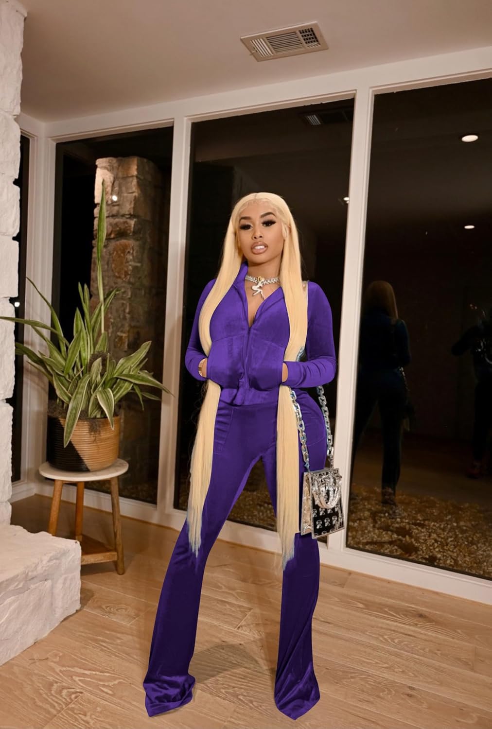 yidengymx Womens 2 Piece Velour Tracksuit Two Piece Outfits for Women Long Sleeve Zip Up Crop Tops Sweatpants Sets Pockets - Image 5