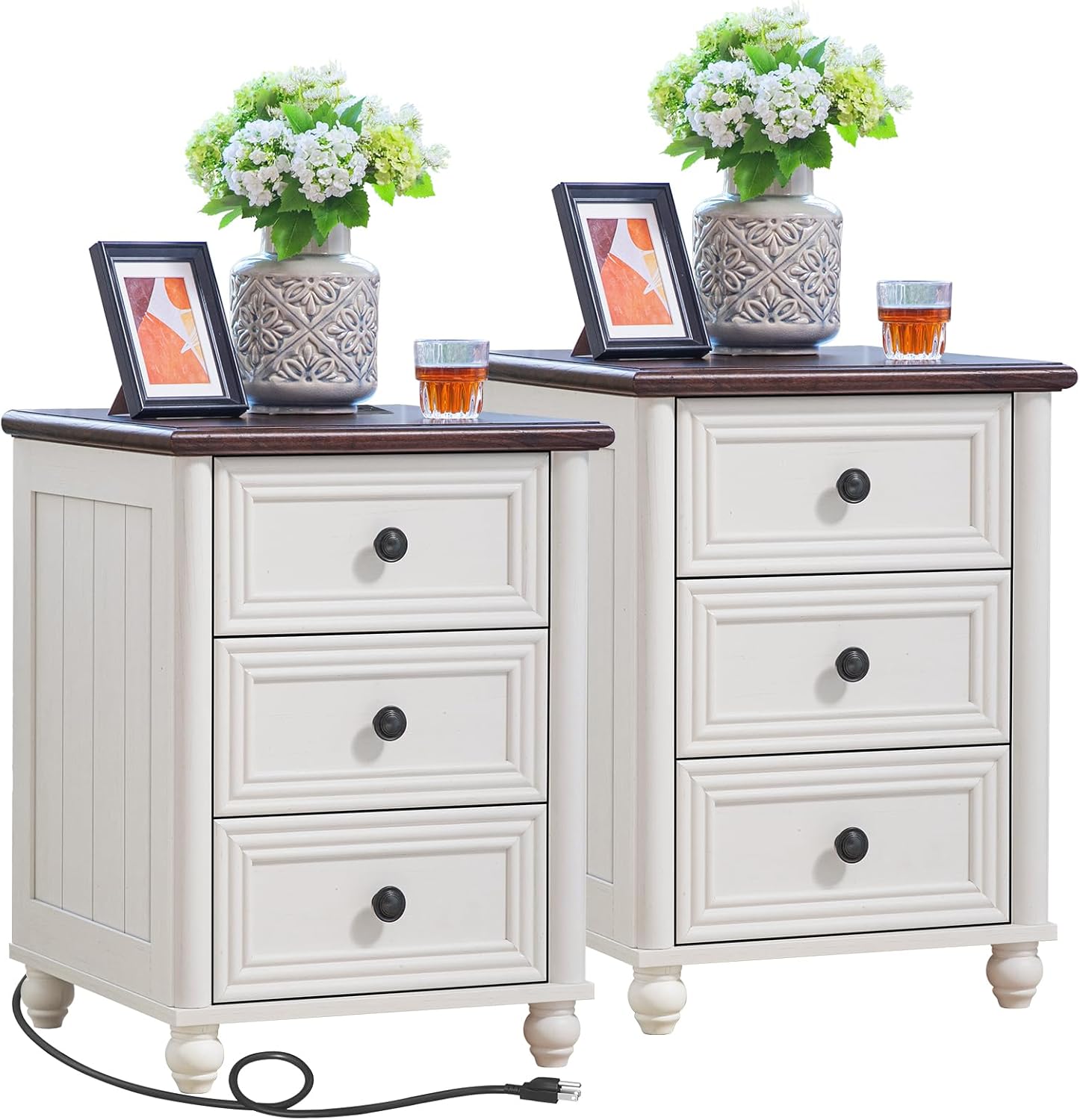 18" Farmhouse Night Stand Set 2, White 3 & 3 Drawers Wood Nightstand, Bedside End Table with Storage and Roman Column, Bed Side Tables Cabinet for Bedroom, Living Room, and Closet