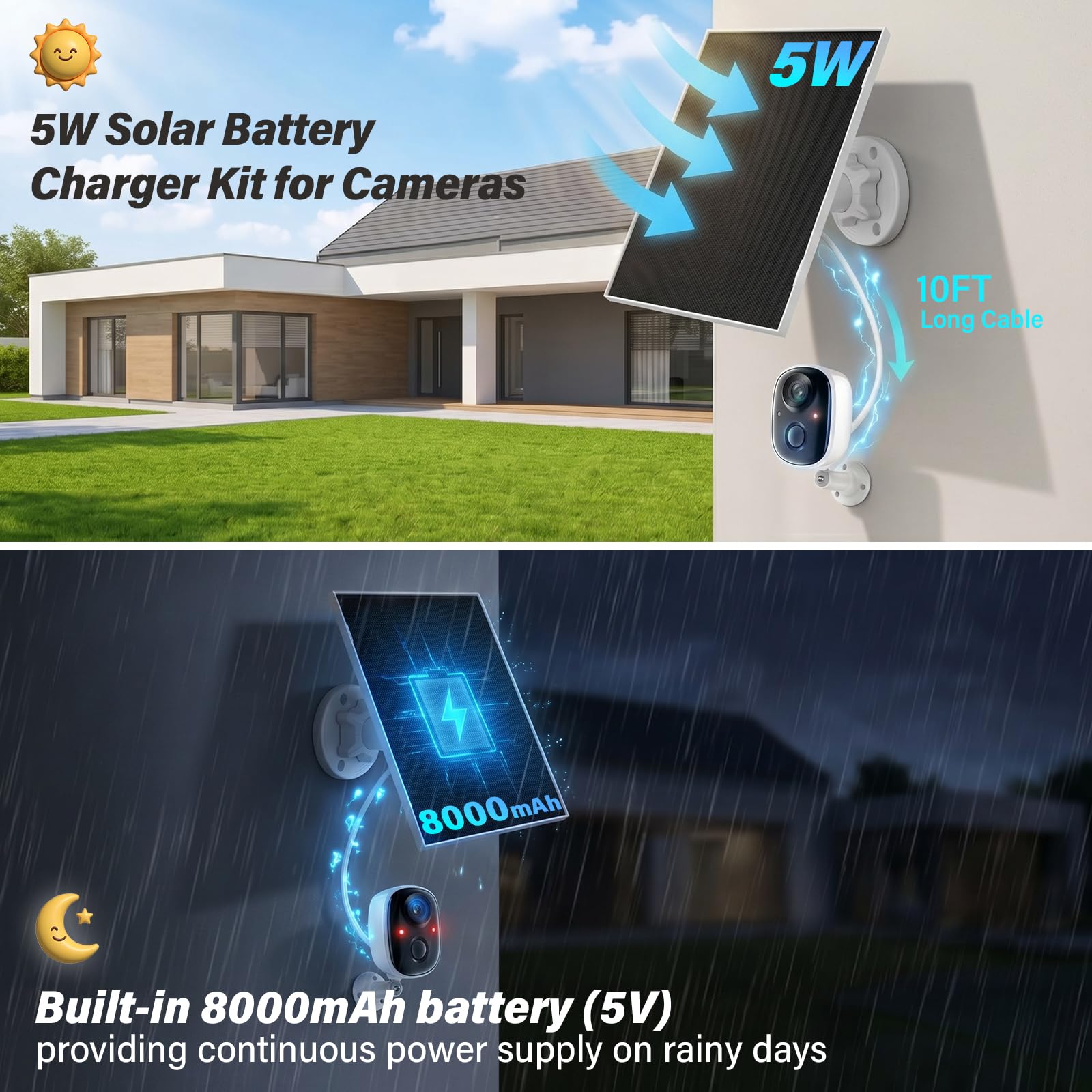 Lot de 2 panneaux solaires 5 W/5 V avec batterie intégrée de 8000 mAh