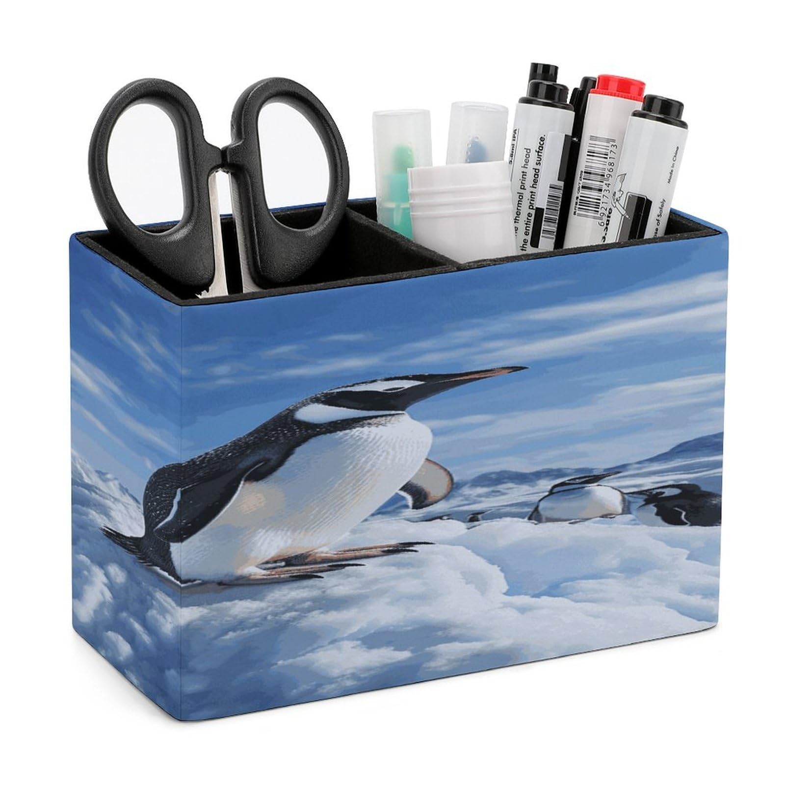 LDGSUPH Snow Mountain Penguin Leather Pen Holder for Desk Organizer Caddy Large Pencil Cup Multi-function Pencil Holder Makeup Brush Holders Pen Organizer for Home Office Storage Box