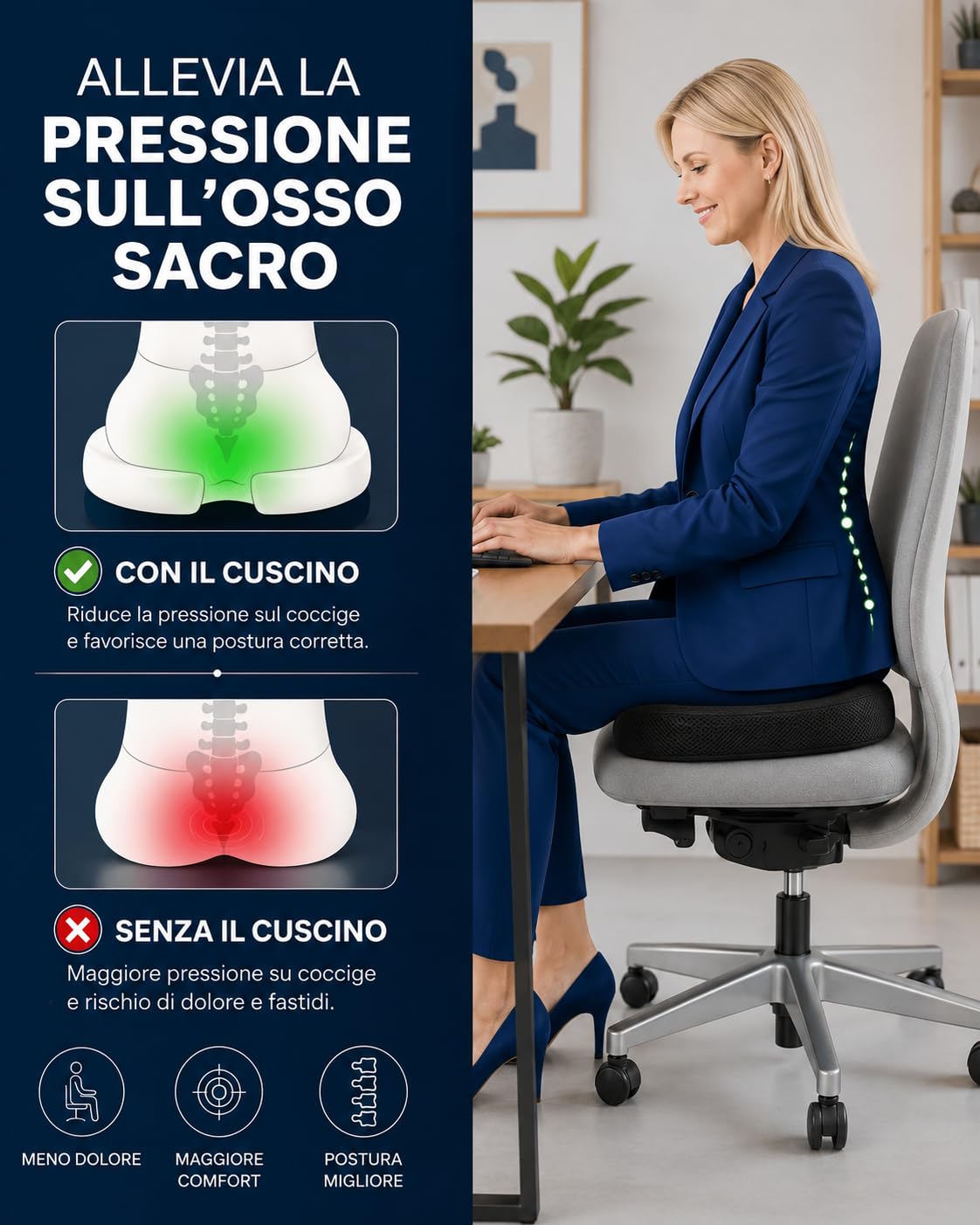 Cuscino Ortopedico Memory Foam Premium Rinfrescante per Coccige, Cuscino Antidecubito Ergonomico per Sedia Ufficio Auto Casa, Supporto Lombare Postura con Fodera Traspirante Lavabile Antiscivolo