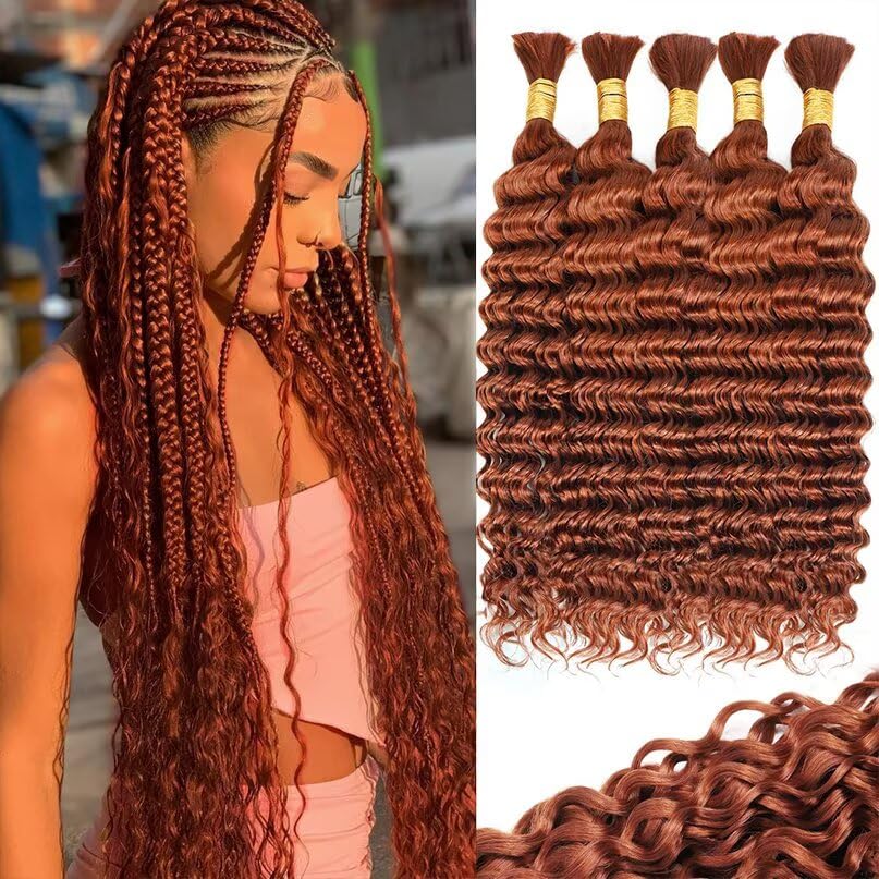 12A #350 Copper Ginger Human Braiding Hair for Boho Braids 5 Bundles 16 Inch 160g Deep Wave Braiding Hair for Bohemian Knotless Braids 100% Unprocessed Virgin Bulk Hair Extensions No Weft
