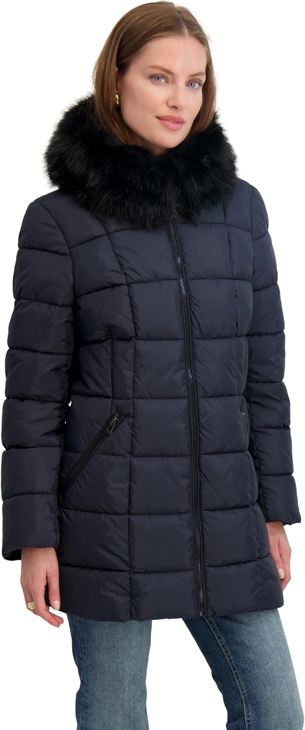 TAHARI Women's Fitted Quilted Puffer Coat With Attached Hood, Faux Fur Trim & Hand Warmer Pockets - Image 2