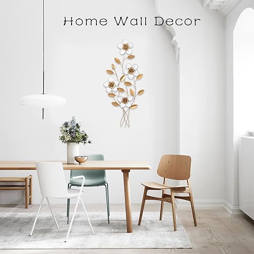 Vista 10 de Asense Decoración de pared de flores de metal de 37 pulgadas, arte de pared de flores blancas y doradas, escultura de hojas colgantes, decoración