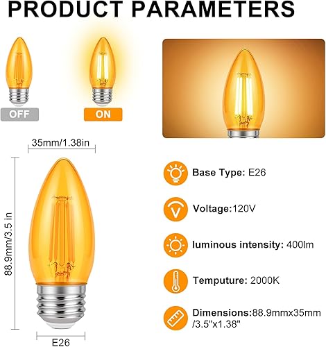 Miniatura 2 de KINUR Bombillas LED Edison E26 B11 pequeñas de color ámbar, bombilla de candelabro B11 de 2000 K, equivalente a bombillas de 4 vatios a 40 vatios