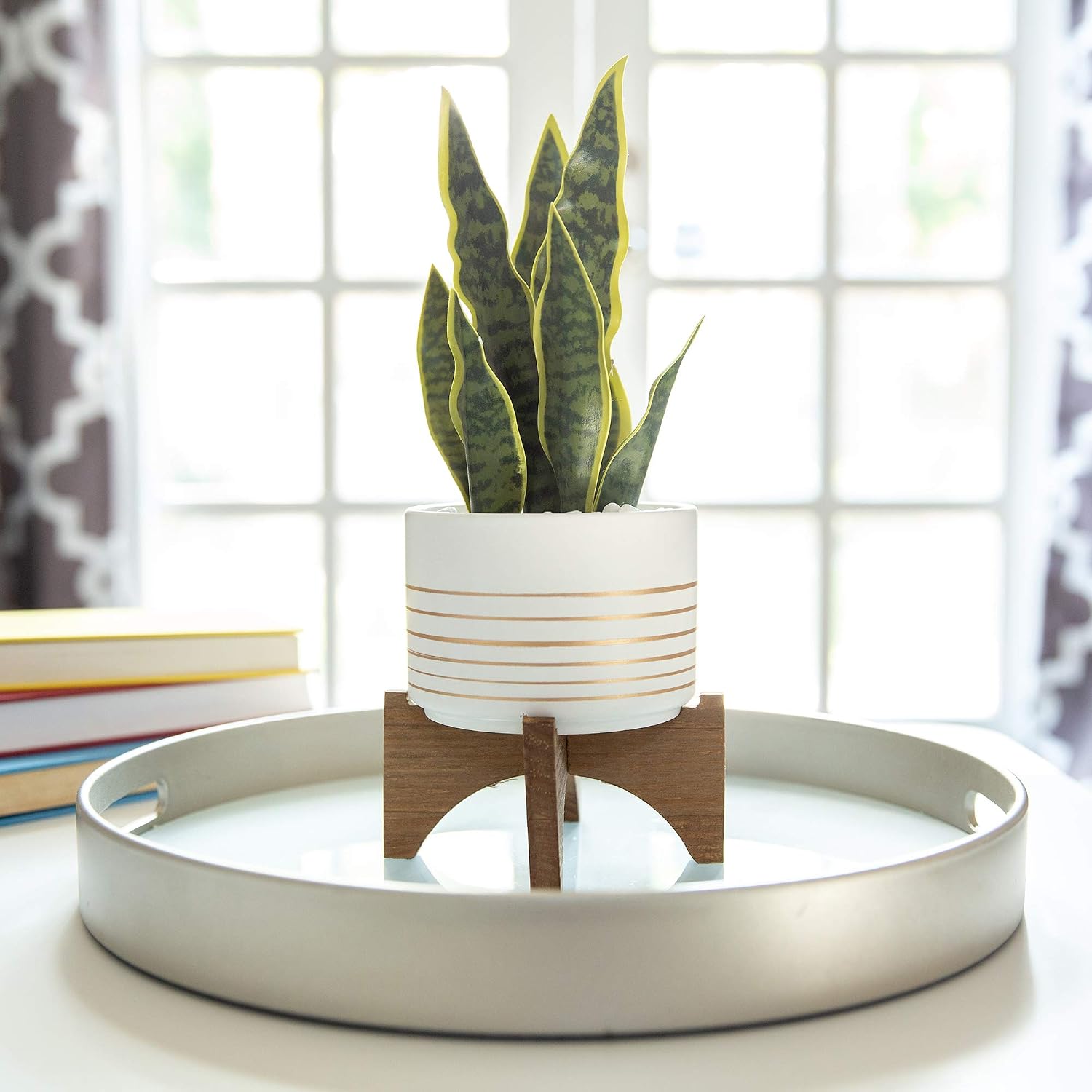 Flora Bunda Mid Century Ceramic Planter on Wood Stand 4.75 inch White with Gold Line for Succulent Desktop Indoor Use 5.5 x 5.5 x 5.75