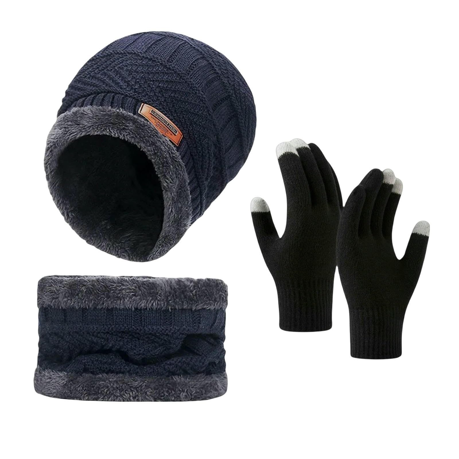 Mütze,Schal & Handschuh-Sets 3 Stücke Männer Frauen Winddichte Wintermütze Outdoor Winter Schal Handschuhe Kaschmir Isolierte Strickmütze Beanie Hüte Für Schal-Marine