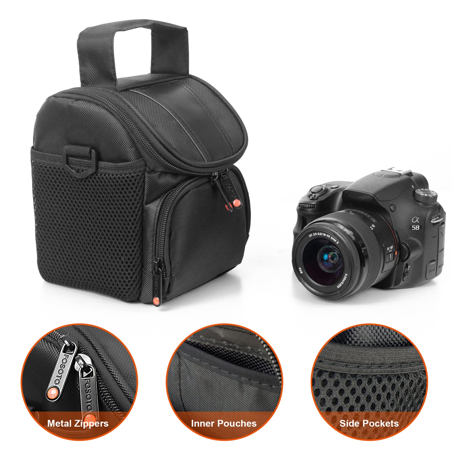 FOSOTO Bolsa Protectora para Cámaras DSLR, Estuche para Cámara, Bolso Bandolera para Canon EOS 2000D 4000D 90D 6D M50, Nikon D3500 D3200 D7000, Sony Alpha 7IV 6400, Olympus OM-D E-M10 (Negra)