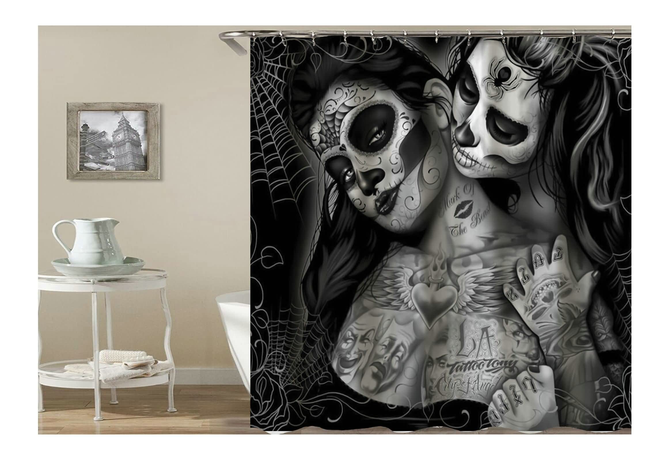 KnSam Shower Curtain Anti-Mold Waterproof Curtains to Bath Bath Curtain for Bathroom Gothic Skull Tattoo Women with 12 Shower Curtain Rings 90x180cm