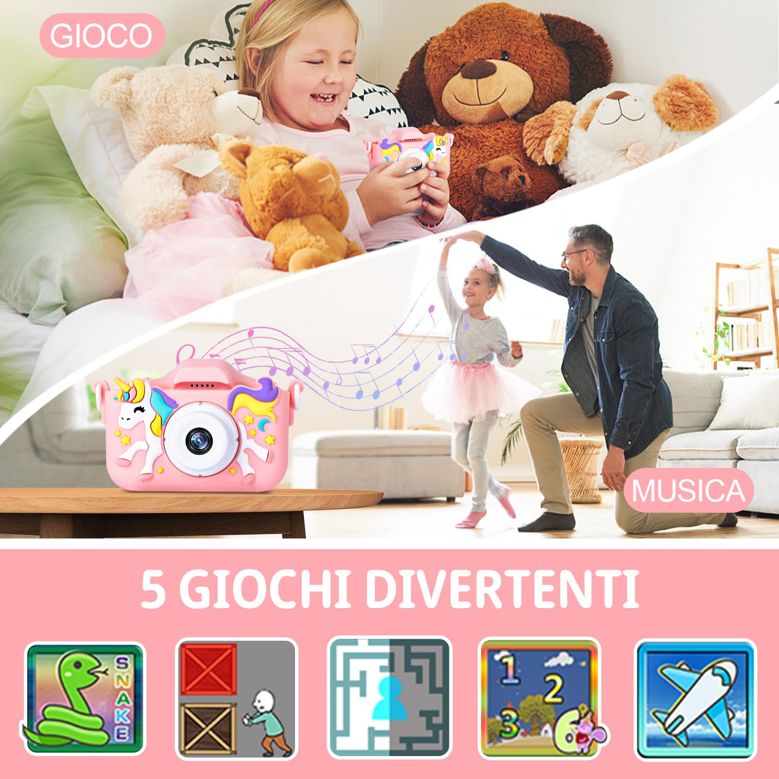 Macchina Fotografica Bambini, 2.0 Pollici Schermo Fotocamera Bambini, 1080P Ricaricabile Fotocamera Digitale con Scheda 32GB, Regali Giocattolo di Natale & Compleanno per Ragazze Ragazzi