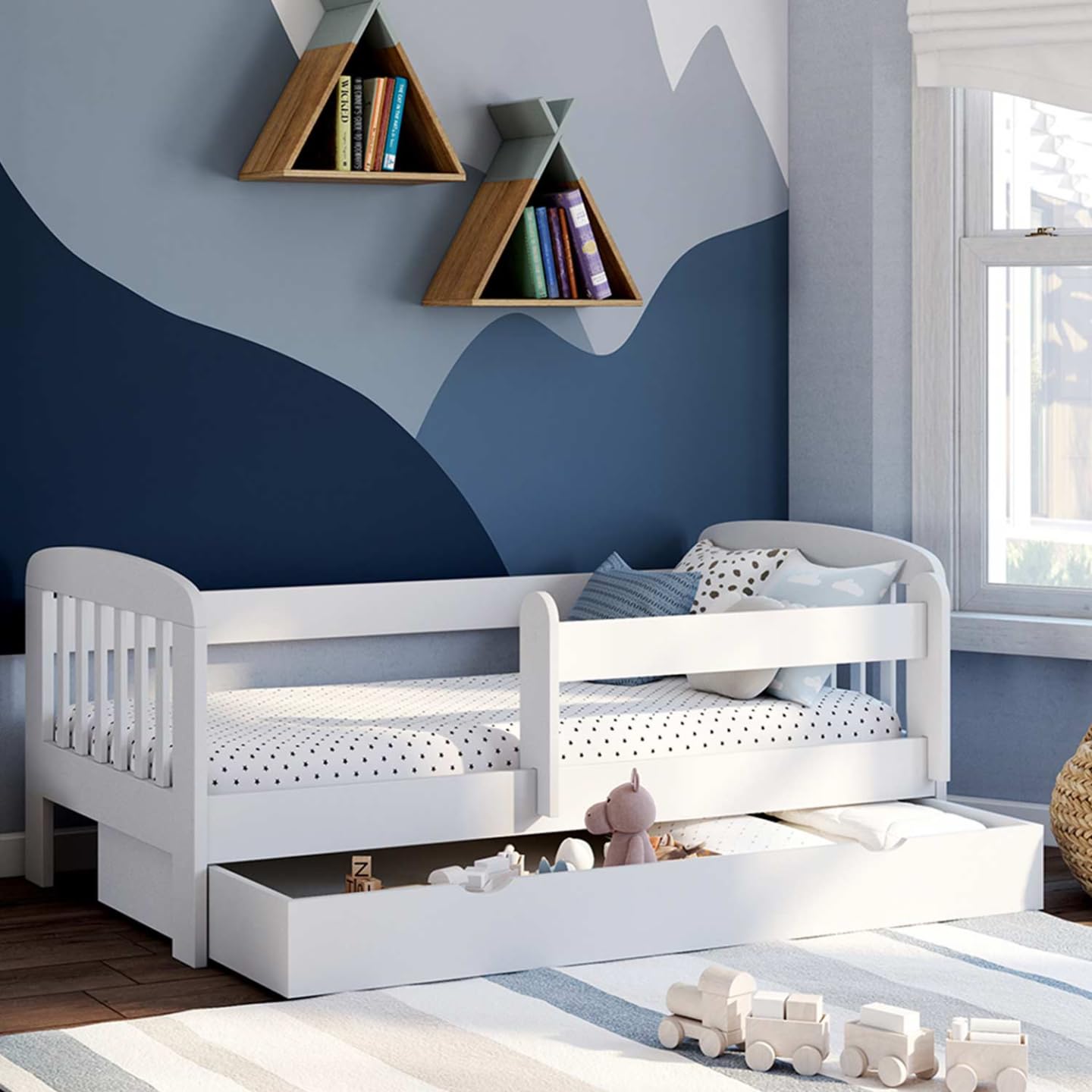 IDMarket - Cama infantil 80 x 160 cm Lilia con 1 cajón, somier y barreras