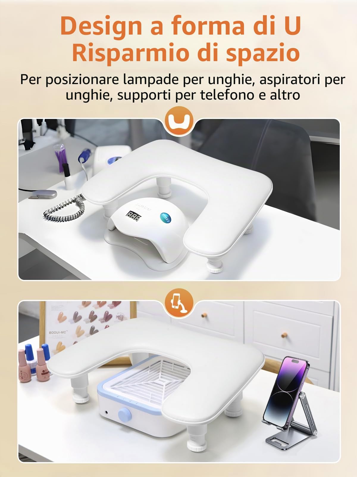 Deciniee Poggiamano per Unghie: Forma U Appoggia Mani per Unghie - Altezza Regolabile Poggia Mani per Unghie per Tavolo Manicure Tavolo Estetista per Unghie - Bianco