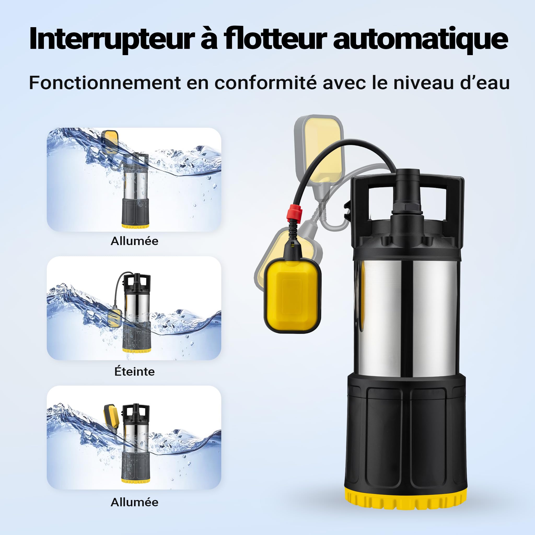 Wiltec Pompe à eau immergée 1000 W – 5500 l/h – Refoulement max. 30 m, profondeur max. 7 m – en PPO et acier – avec Interrupteur à flotteur, Thermorégulateur – Pompe submersible Eau propre