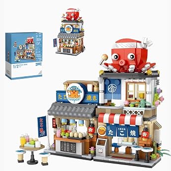 Modular House Architecture Model Japanese Street View Series House Building Blocks Kit 722 Pieces Japan Takoyaki Shop Model Kit DIY Architecture Building Blocks for Teenagers Adults