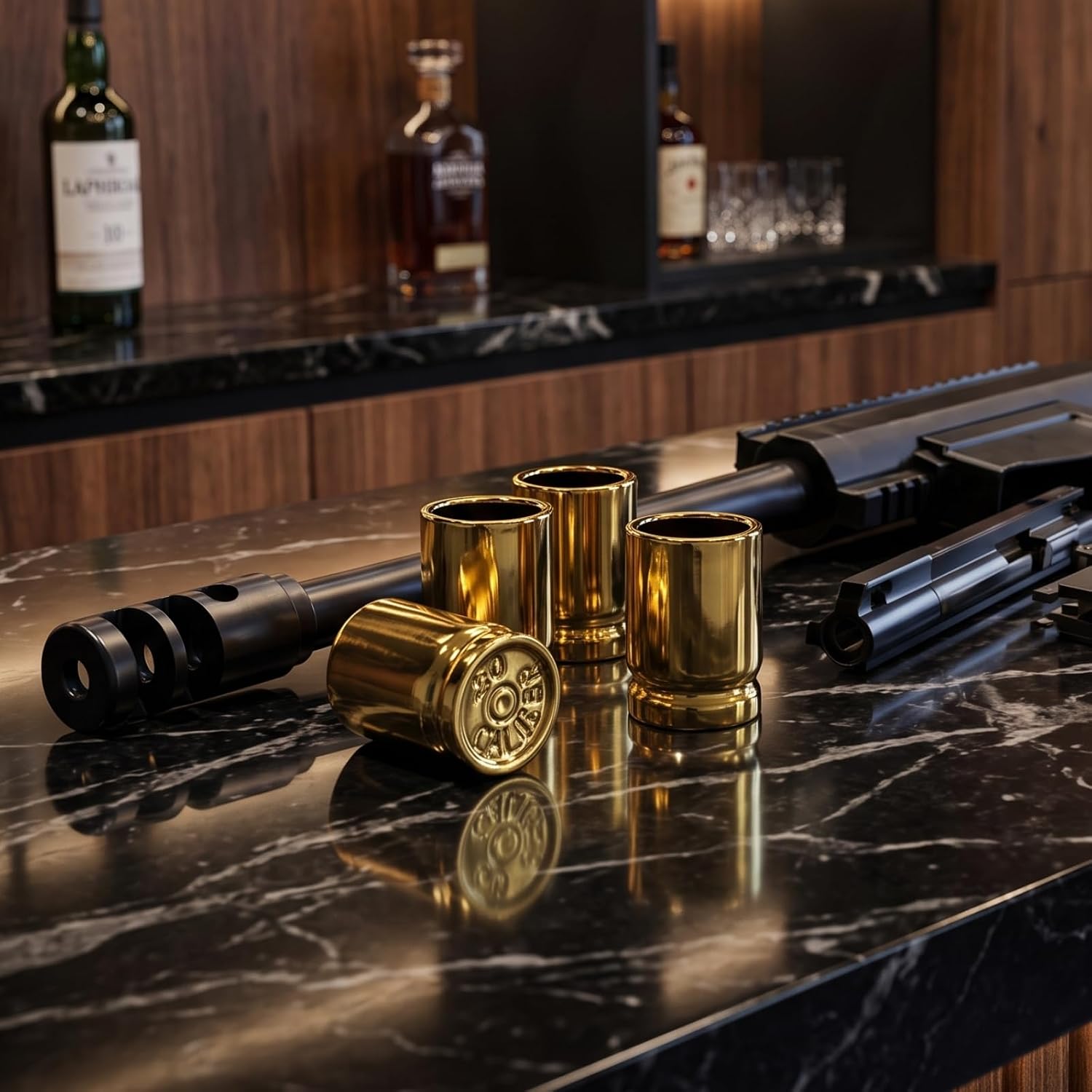 50 Caliber Shot Glasses Set Of 4 Gold Casing Barware Cups 2 Ounce Drinkware