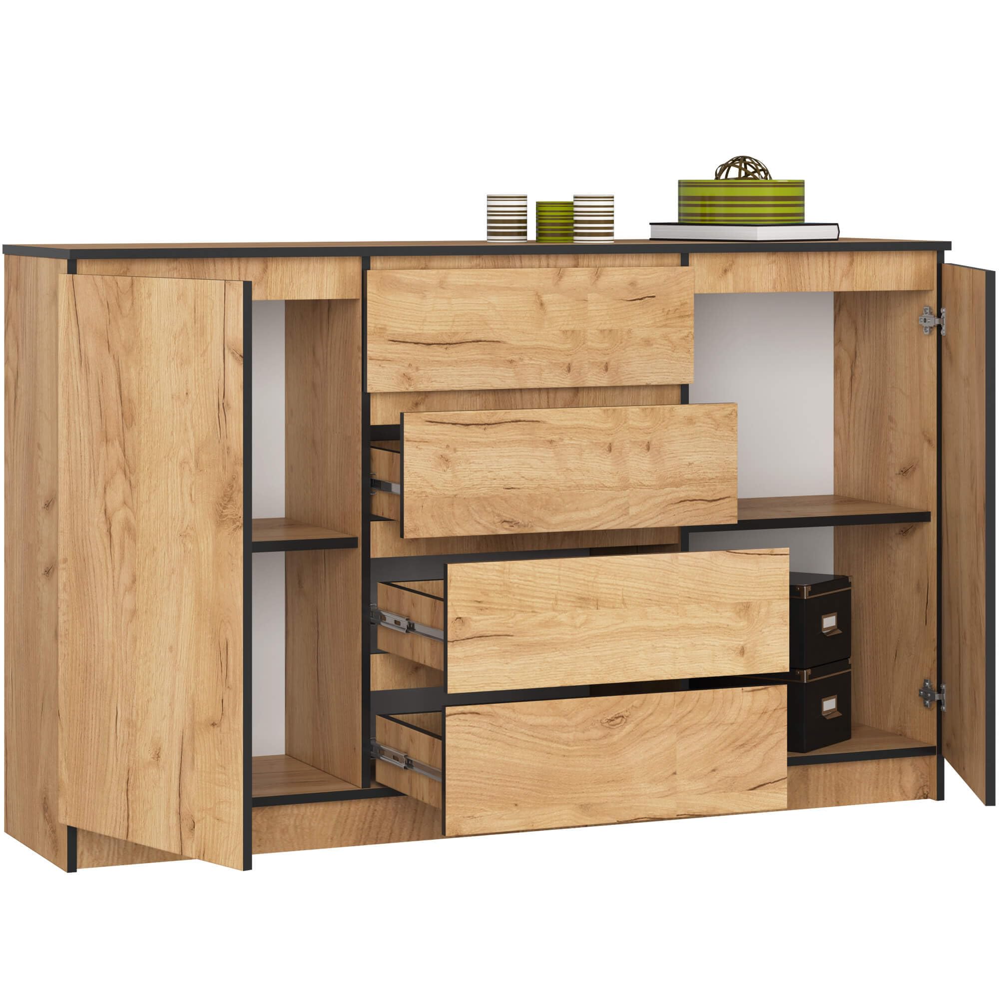 AKORD Kommode K 160 cm | 4 Schubladen und 2 Türen | für Wohnzimmer Schlafzimmer Schrank Wohnzimmer | Modernes Funktionelles Design | Schichtstoffplatte 16mm | Handwerk Eiche