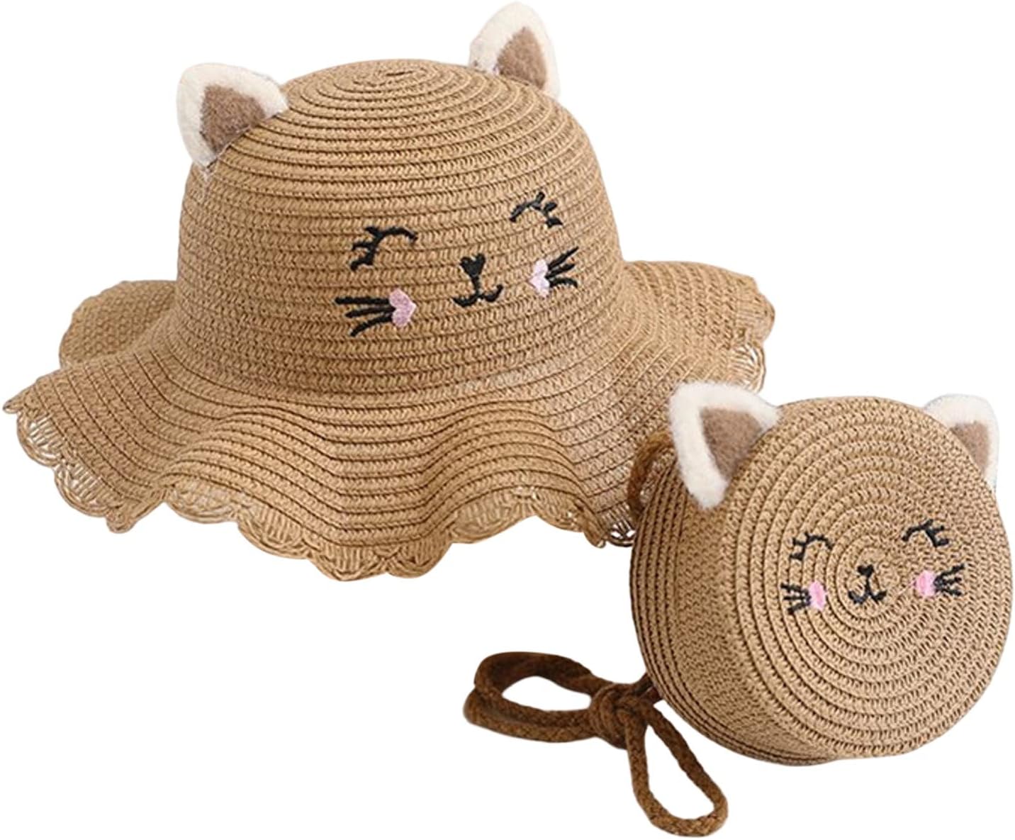 Girls Straw Sun Hat Purse Set Cute Graphic Ruffle Trim Sun Protection Hats Summer Lightweight Adjustable Wide Brim
