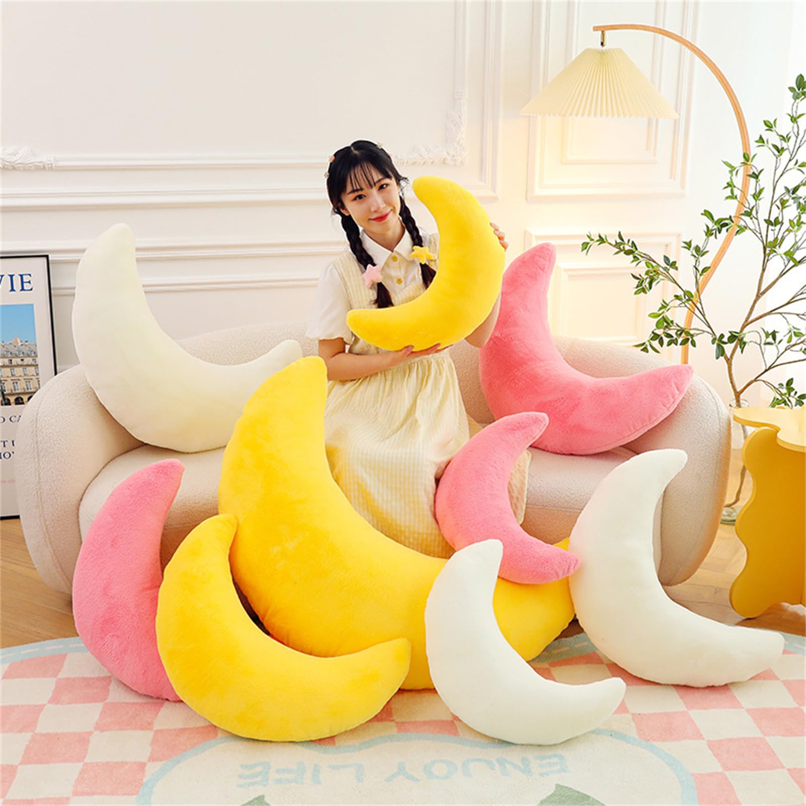 Herfair Morbido cuscino decorativo per bambini, a forma di luna, morbido cuscino decorativo per la cameretta dei bambini (giallo, 45 cm)