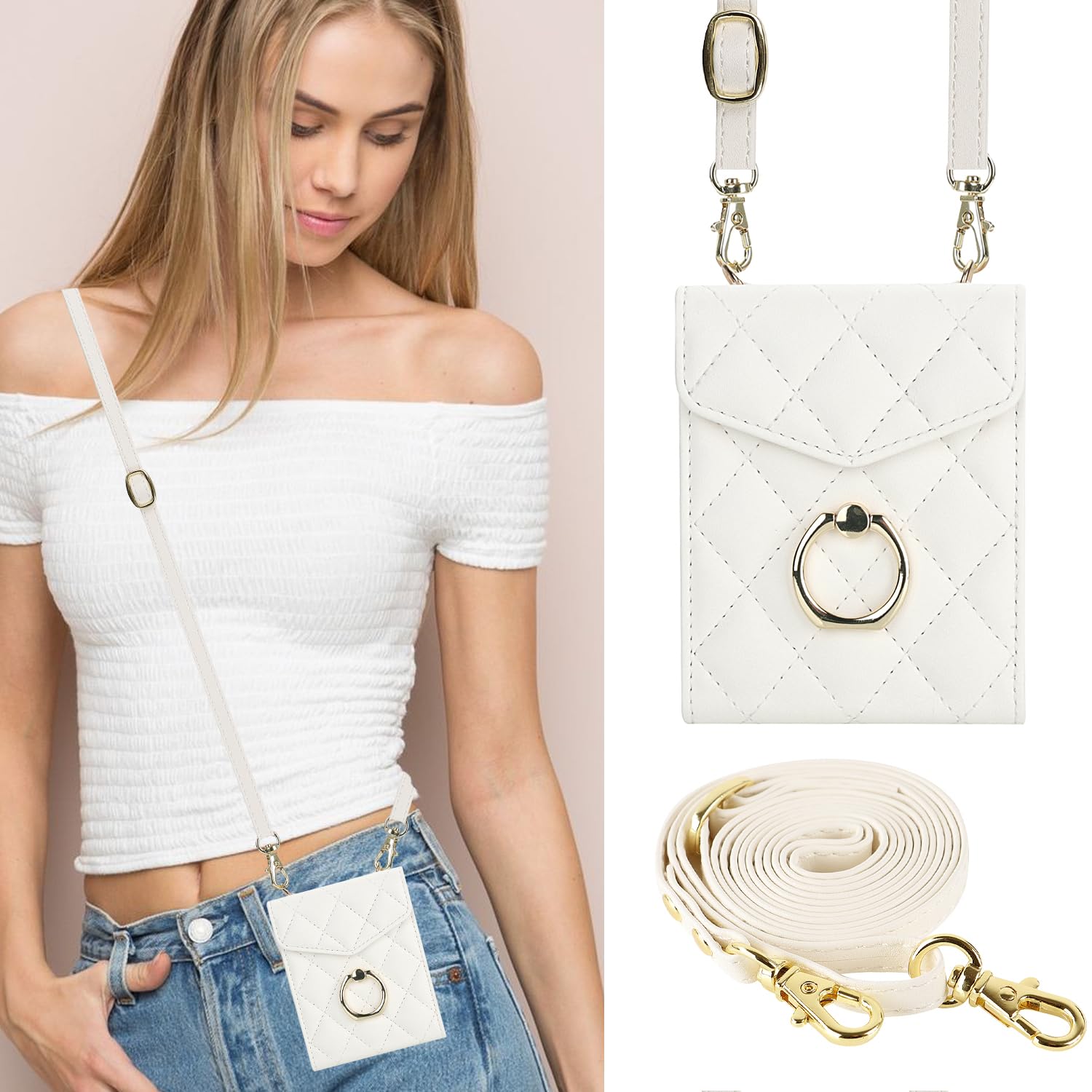 Etui portfelowe na telefon Samsung Galaxy Z Flip 7 z pierścieniem i regulowanym paskiem crossbody, stylowe i wielofunkcyjne etui z klapką w stylu akordeonowym z 4 przegródkami na karty. (białe)