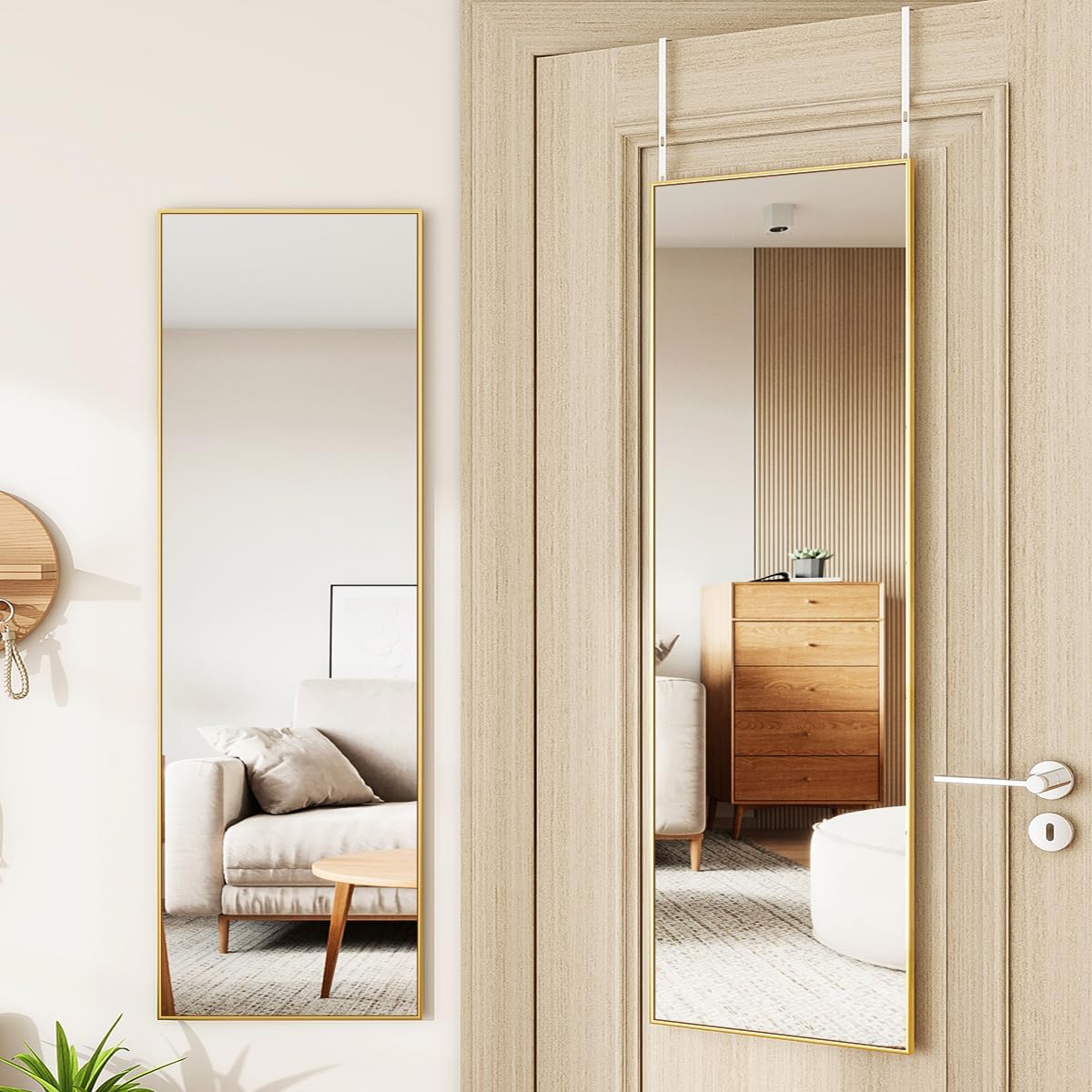 Door Mirror, Over The Door Full Length Mirror, 50"x16" Hanging Mirrors for Bedroom, Living Room, Entryway, Dorm, Gold Gold 50"L x 16"W