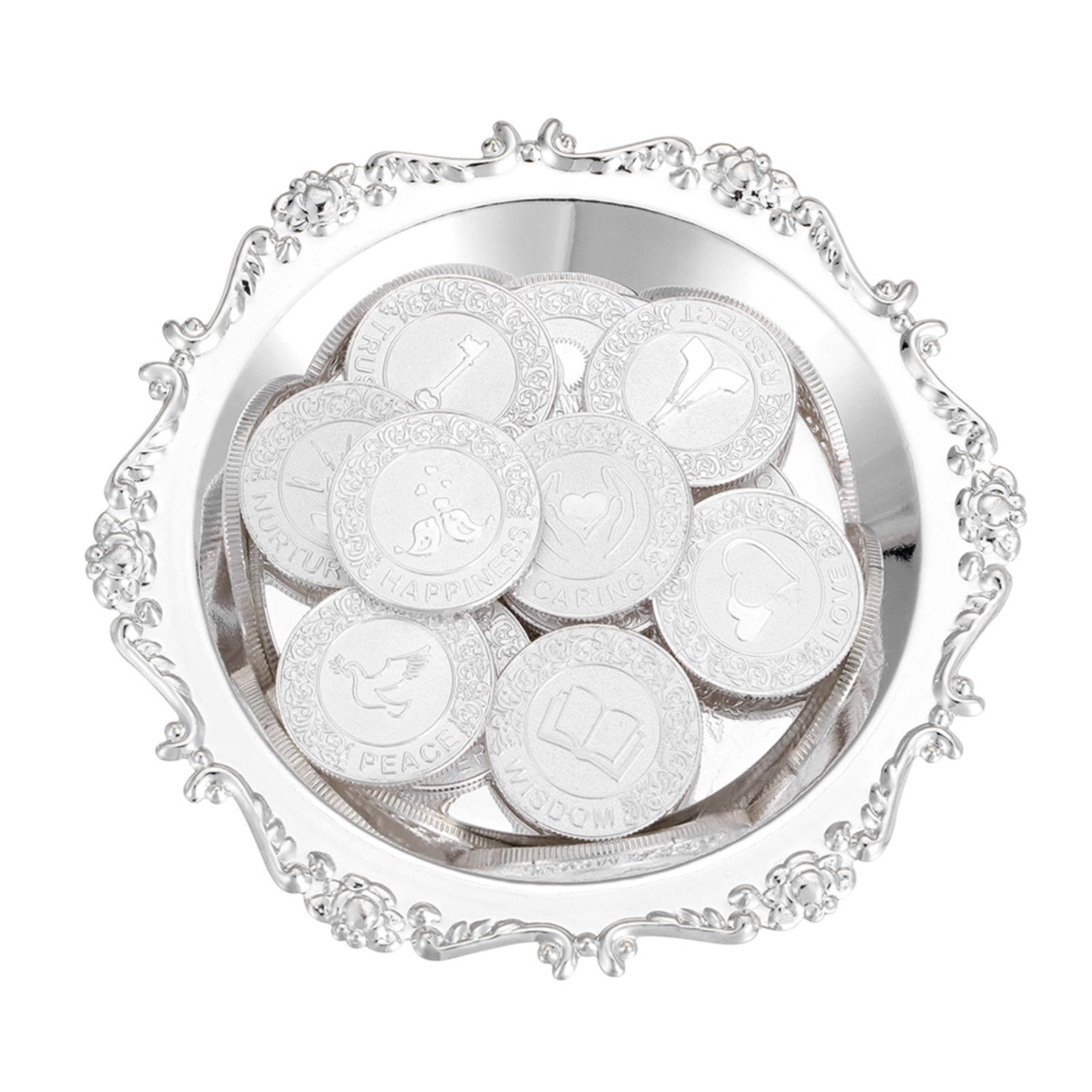 TINGKU Silver English Las Arras de Boda with Tray Plate, Arras Para Boda Catolica, Arrhae Wedding Coin Unity Coins Set for Wedding Ceremony