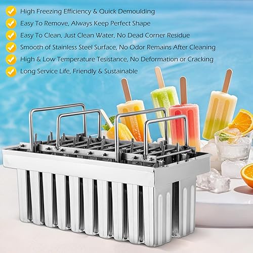 Vista 4 de Dyna-Living Moldes comerciales para paletas, 20 piezas de cabezales planos con doble ranura de acero inoxidable, moldes de paletas de helado