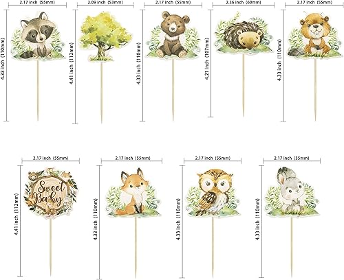 Miniatura 2 de Gyufise 36 piezas de decoración para cupcakes de fiesta del bosque, decoración de baby shower, dulce bebé, zorro, ciervo, feliz cumpleaños,