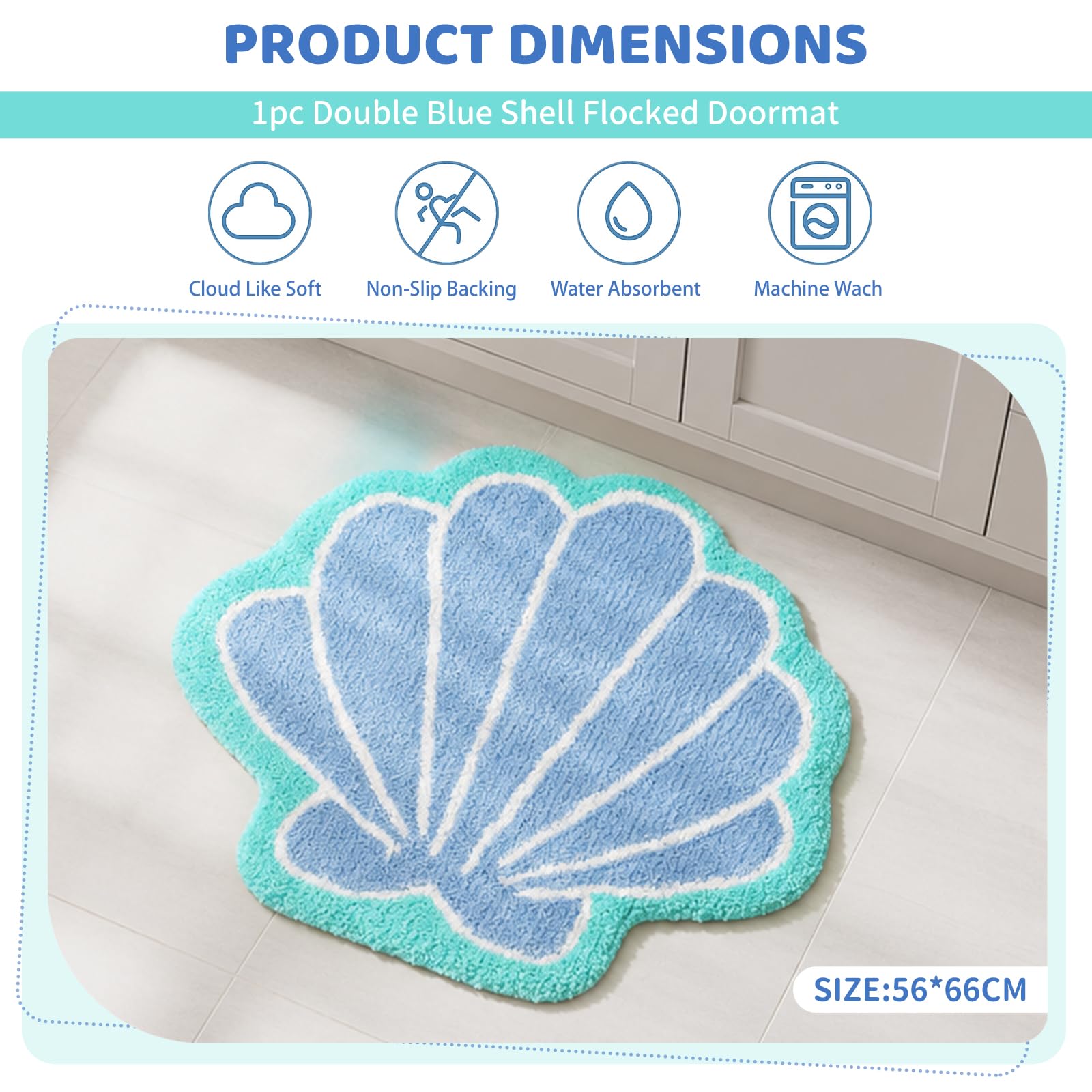 Tappeto da Bagno a Conchiglia Blu, Tappetino da Bagno Oceano e Stella Marina, Assorbente Antiscivolo Lavabile in Microfibra, Tappeto Bagno per Decorazione Marina 56x66cm