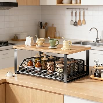 Spices Rack Organizer for Countertop with Drawer and Basket, Coffee Bar Station Organizer, Multi-Purpose Desk Organizers, Bathroom Counter Organizers, Multifunctional Countertop Rack for Kitchen